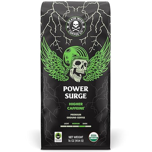 Death Wish Coffee, Power Surge Ground Coffee, Naturally Higher Caffeinated Coffee, Certified Fair Trade and Organic (16 oz)