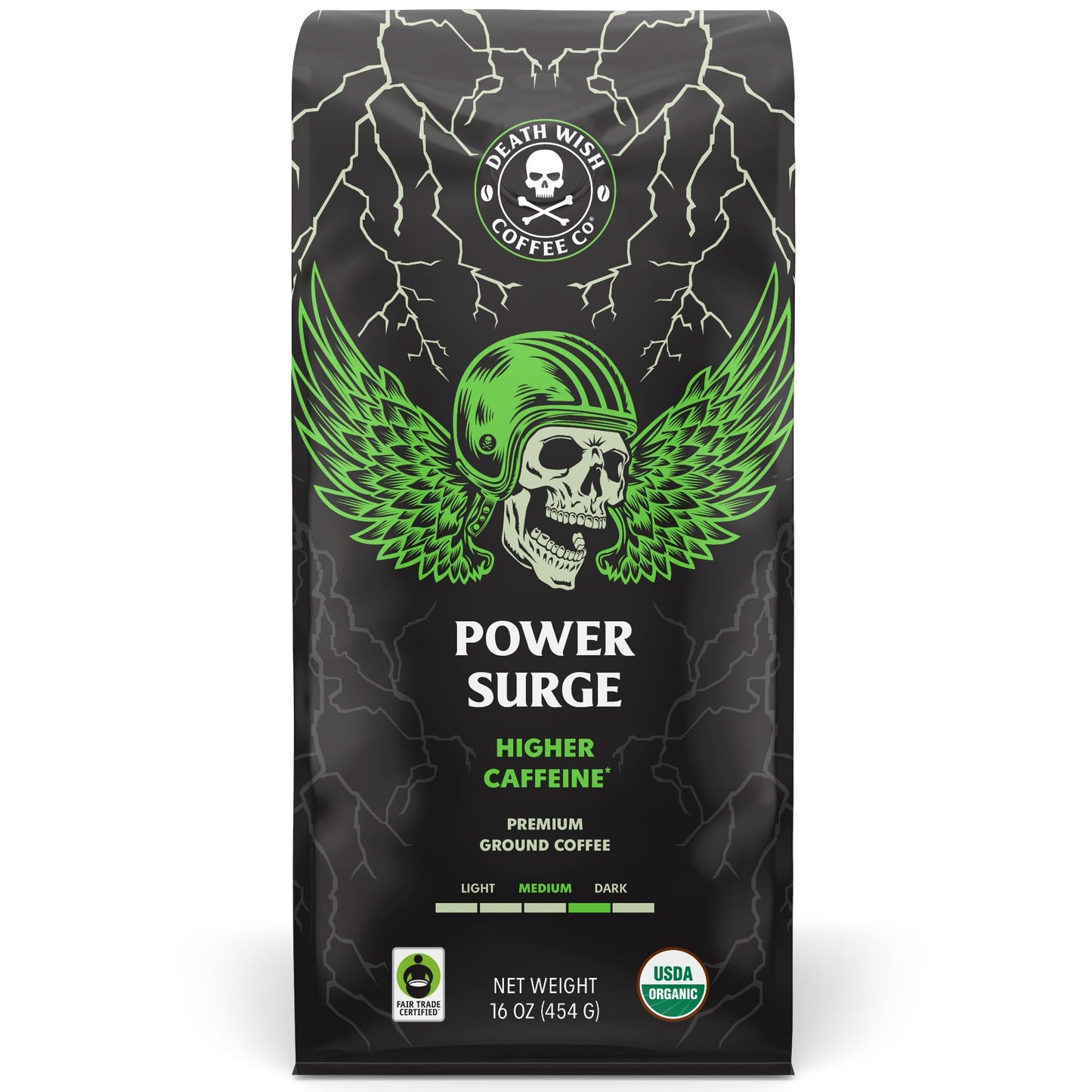 Death Wish Coffee, Power Surge Ground Coffee, Naturally Higher Caffeinated Coffee, Certified Fair Trade and Organic (16 oz)