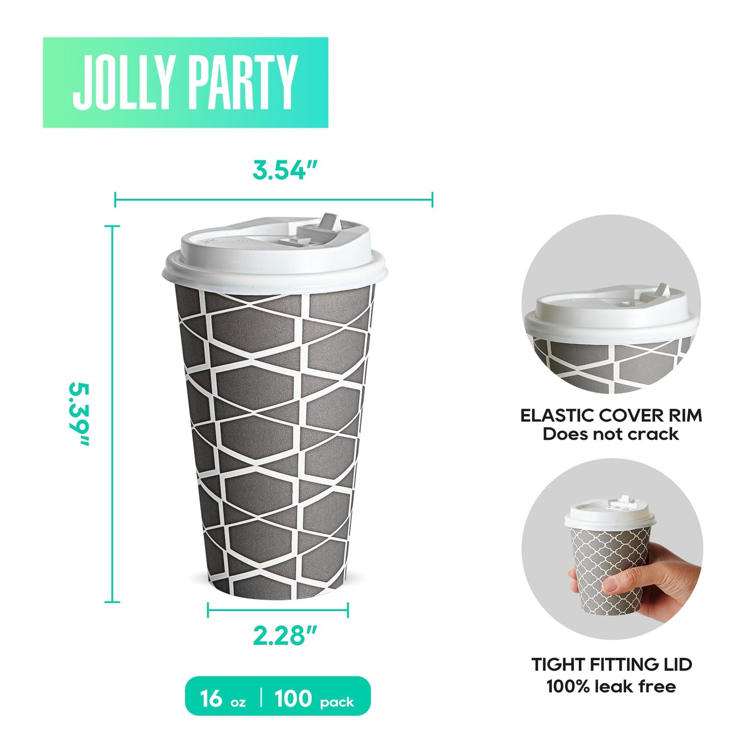 JOLLY PARTY Disposable Coffee Cups with Lids -16 oz (100 Sets) To Go Cups, Paper Coffee Cups for Beverages Espresso Tea, Suitable for Cafes, Offices