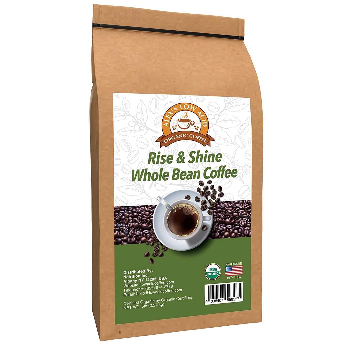 Alex's Low Acid Organic Coffee 5lb Bag - Rise and Shine Whole Bean