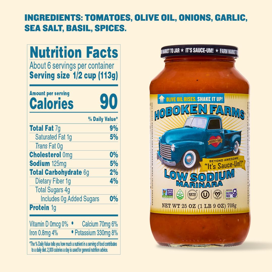 Hoboken Farms Low Sodium Marinara Sauce - Keto Certified, No Sugar Added, Non GMO Project Verified, Plant Based, and Paleo Friendly (25 Fl Oz, Pack