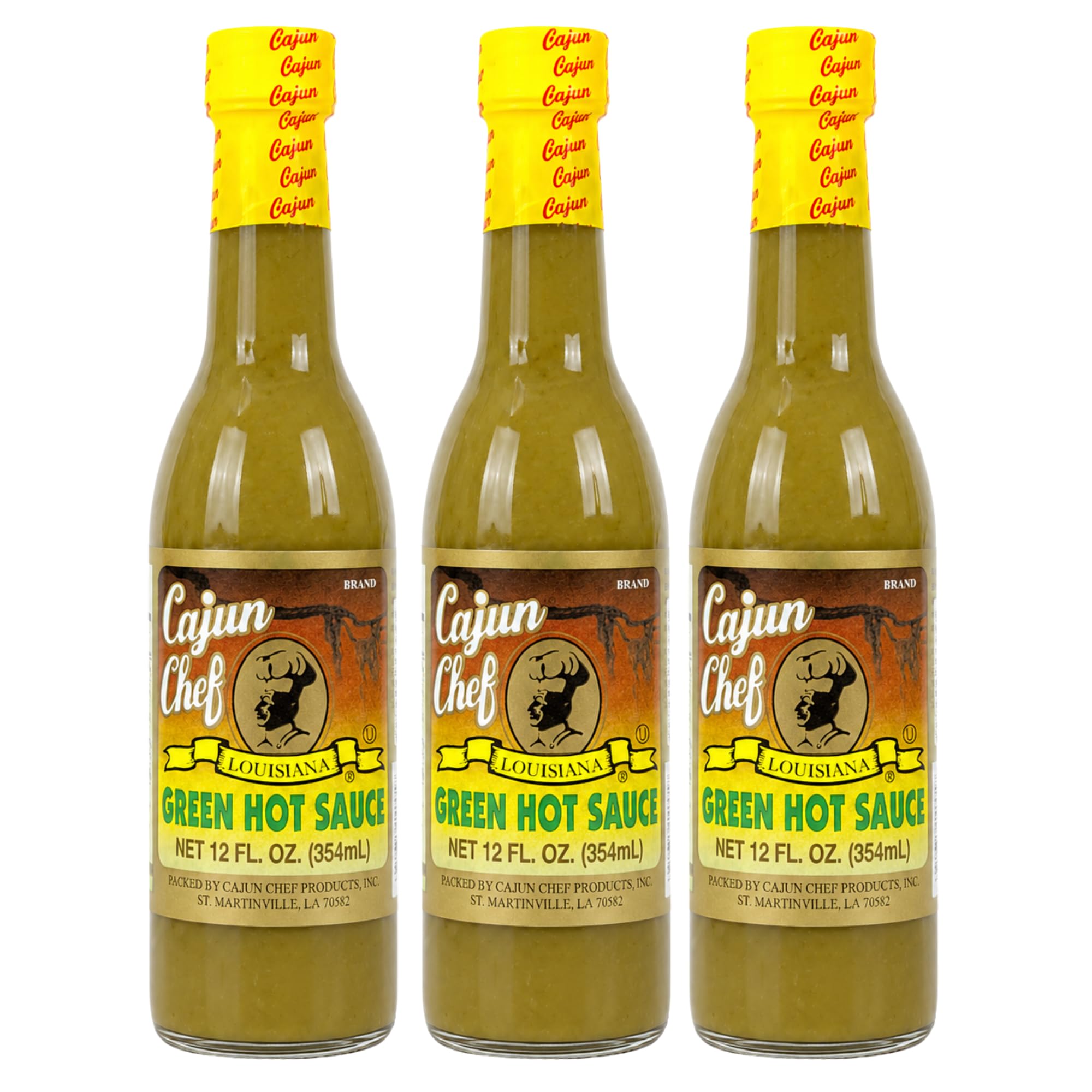Cajun Chef Green Louisiana Hot Sauce 12 oz (Pack of 3) - Mild Green Cayenne Pepper Sauce Made with Louisiana Peppers, Cajun Style Hot Sauce for Gumbo