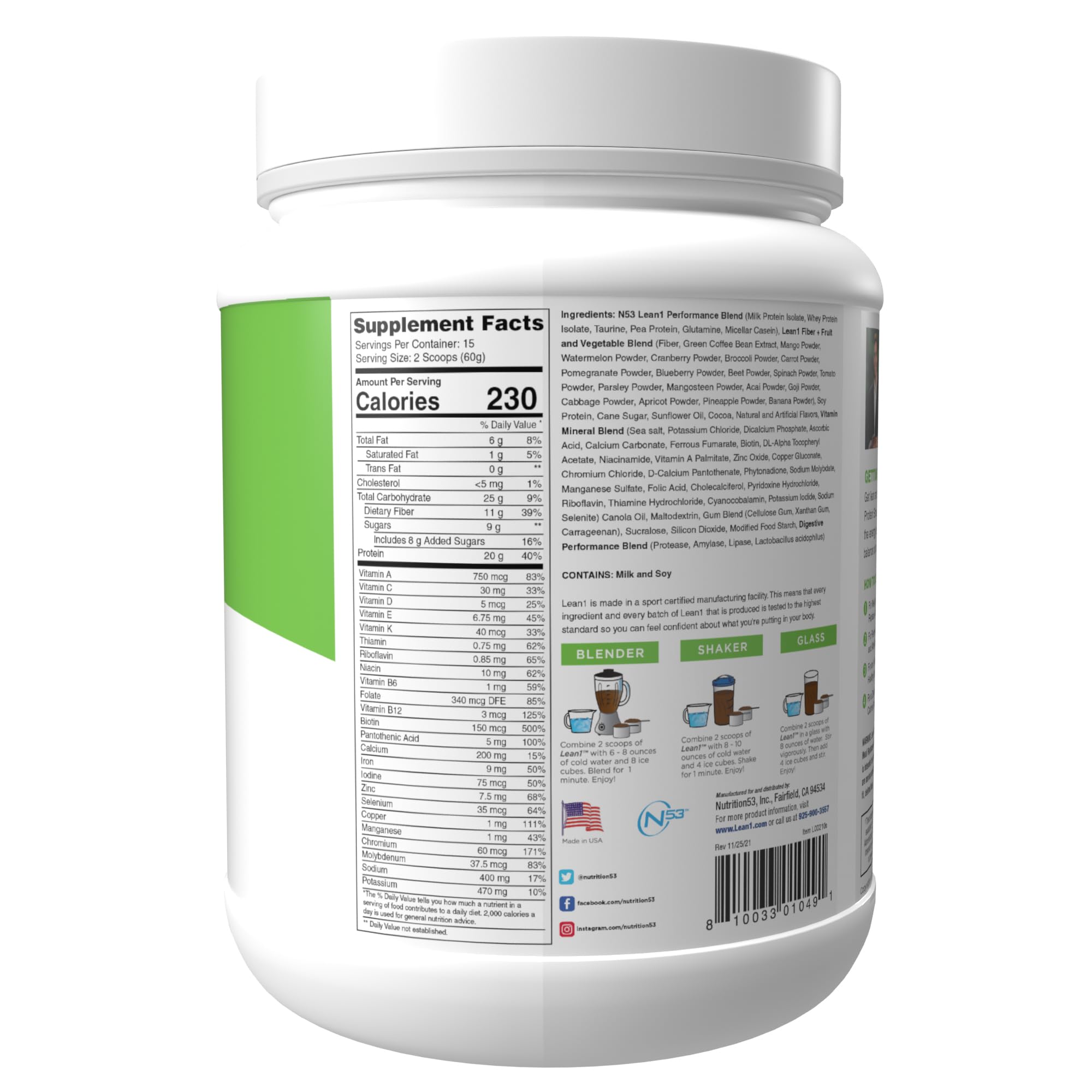 Lean1 meal replacement protein powder, chocolate flavor, 15 serving tub