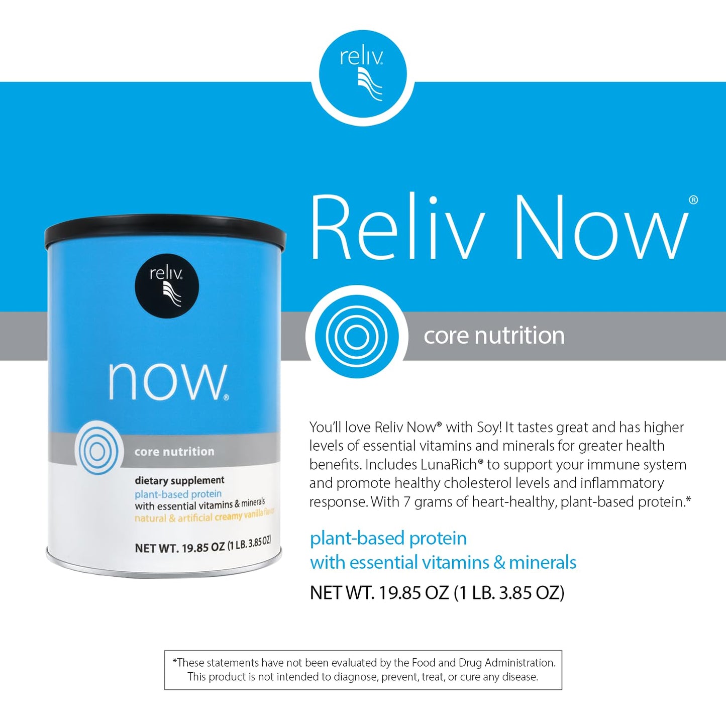 RELIV Now with Soy, Creamy Vanilla - Plant-Based Protein Shake with 7g Protein and Minerals, Dairy-Free, Gluten-Free, 30 Servings, 19.85 oz
