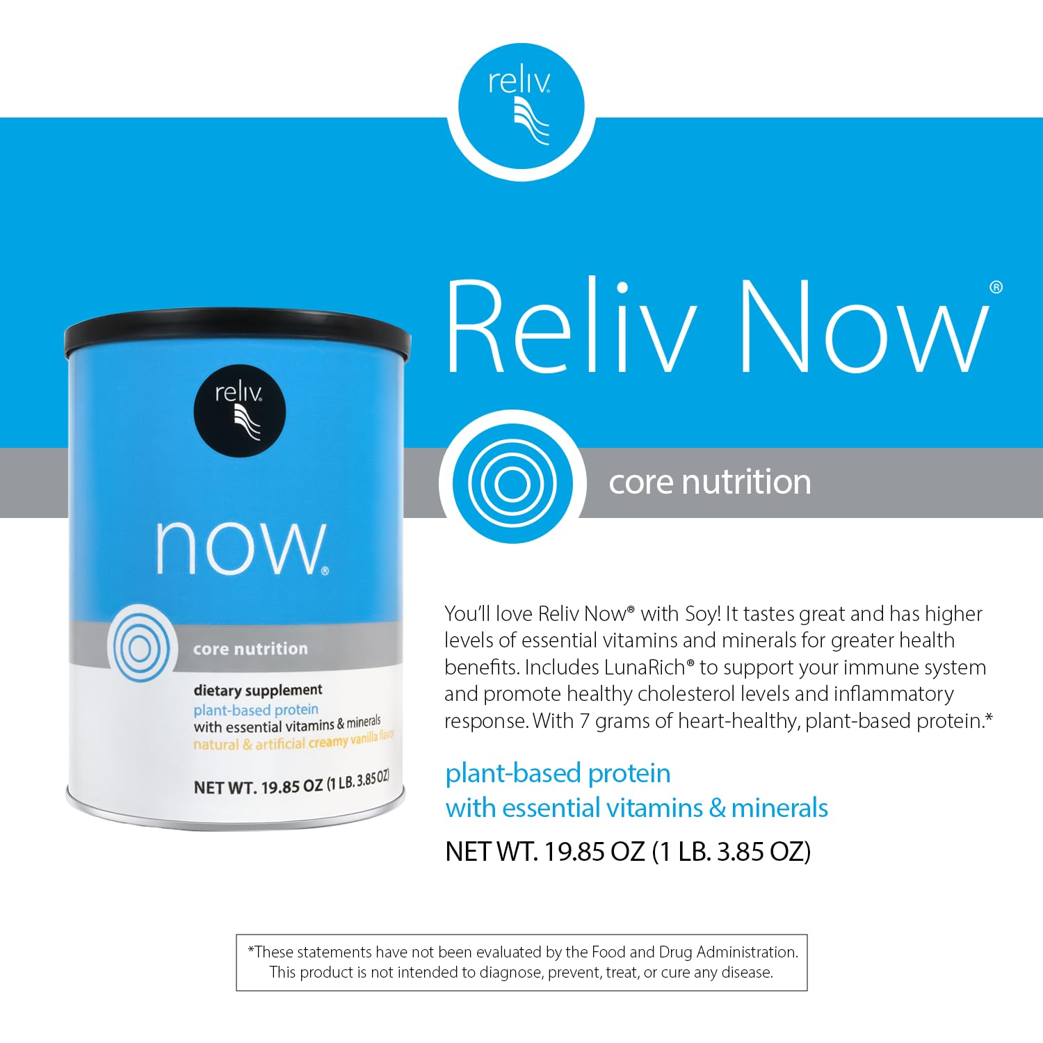 RELIV Now with Soy, Creamy Vanilla - Plant-Based Protein Shake with 7g Protein and Minerals, Dairy-Free, Gluten-Free, 30 Servings, 19.85 oz