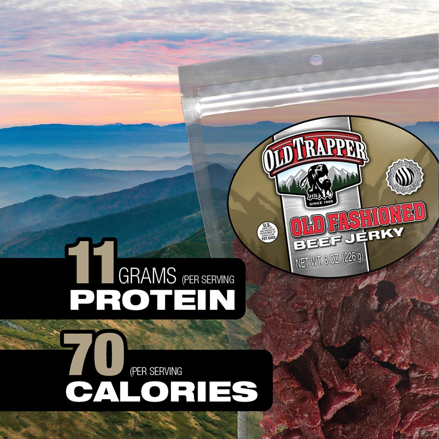 Old Trapper Beef Jerky, Old-Fashioned 8 Ounce Bag, Tender Meat Snacks for Lunches or Between Meals, 11 Grams of Protein, Zero Grams of Fat, and 70