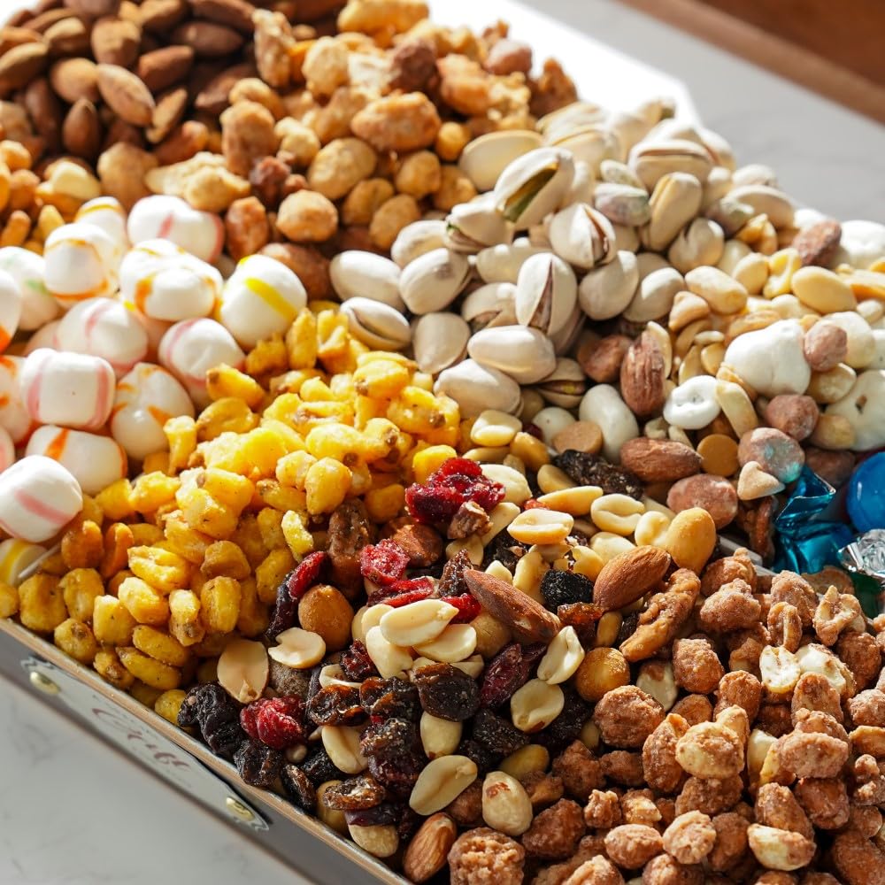 Broadway Basketeers Birthday Nuts Gift Basket - Premium Healthy Assorted 10 Gourmet Nuts & Trail Mix Snacks Basket - Happy Birthday Gifts for Men