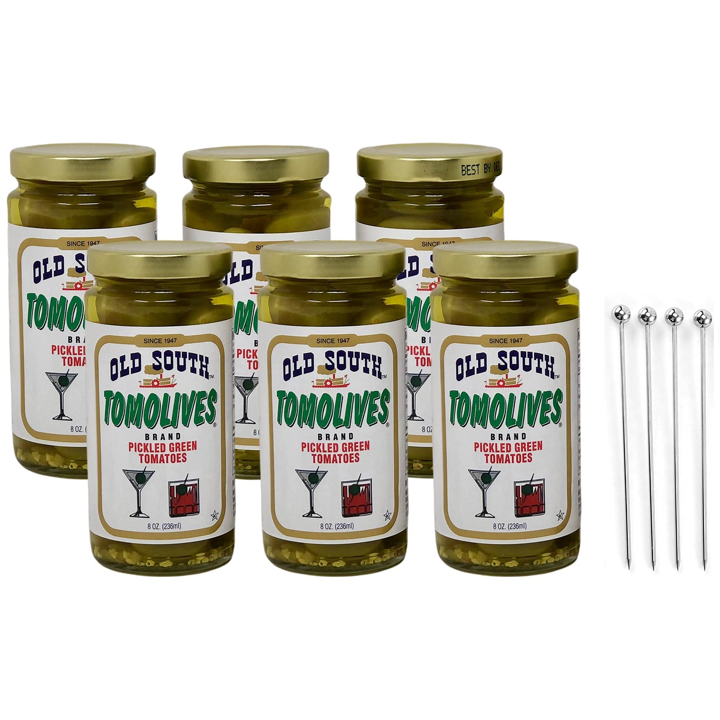 Old South Tomolives Pickled Green Tomatoes 8oz (6 Pack) Bundled with Complimentary 4-count Stainless Steel Cocktail Picks | Ultimate Martini Garnish |