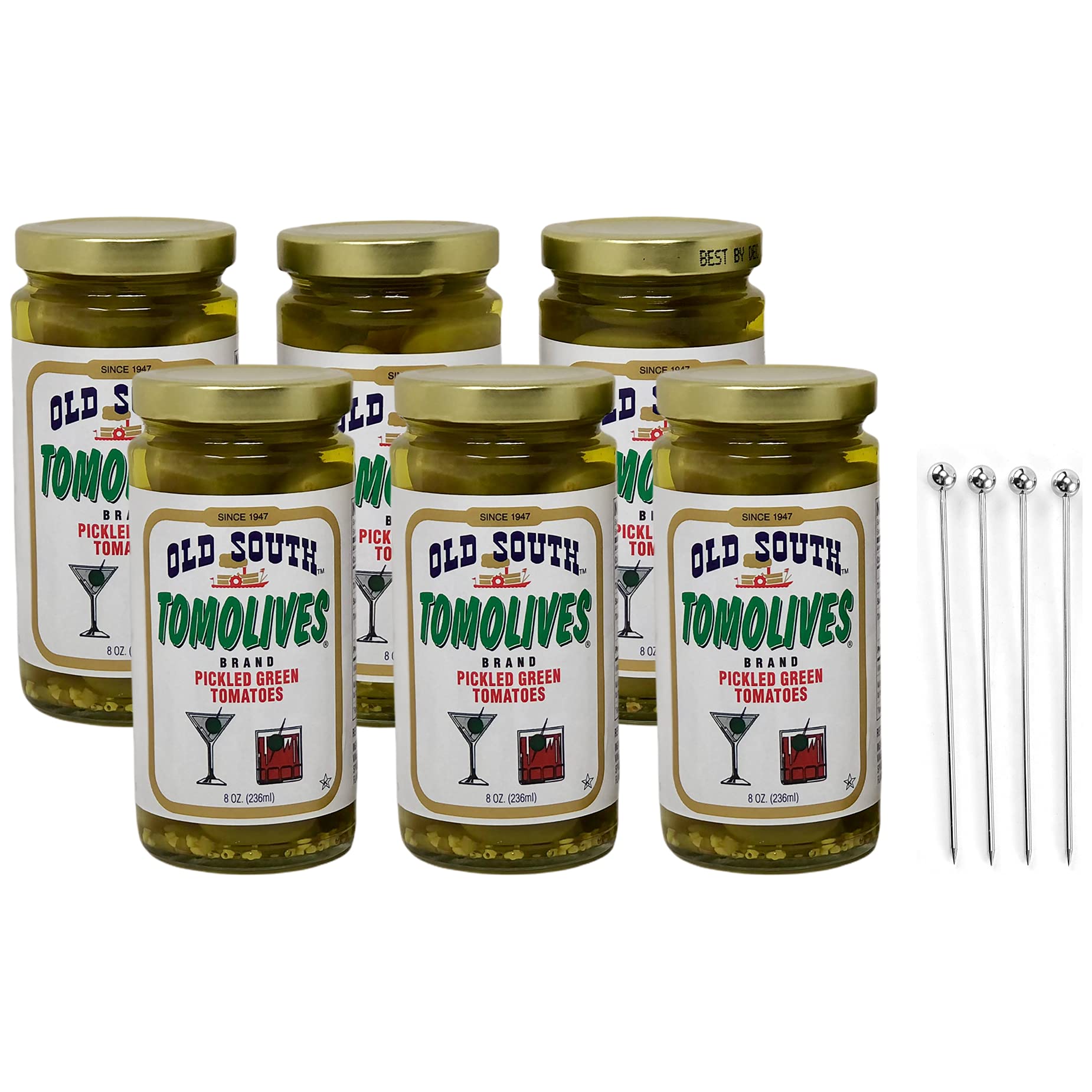 Old South Tomolives Pickled Green Tomatoes 8oz (6 Pack) Bundled with Complimentary 4-count Stainless Steel Cocktail Picks | Ultimate Martini Garnish |
