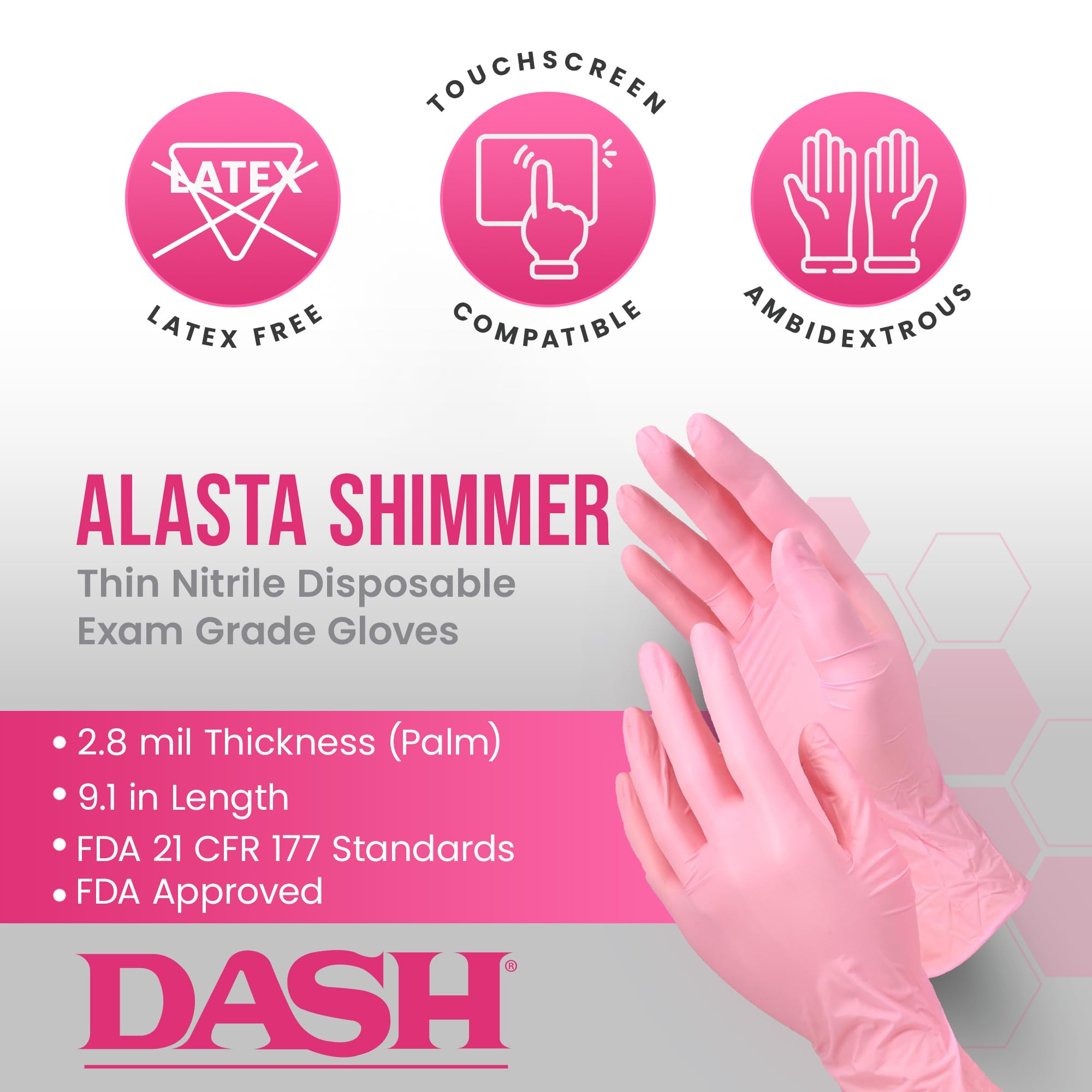 Dash Alasta Shimmer Nitrile Exam Gloves -Pink -XL | Powder-Free Medical Grade Disposable Gloves, ASTM Certified | 2.8 Mil Thickness, 9.1 in Length |