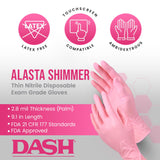 Dash Alasta Shimmer Nitrile Exam Gloves -Pink -XS | Powder-Free Medical Grade Disposable Gloves, ASTM Certified | 2.8 Mil Thickness, 9.1 in Length |
