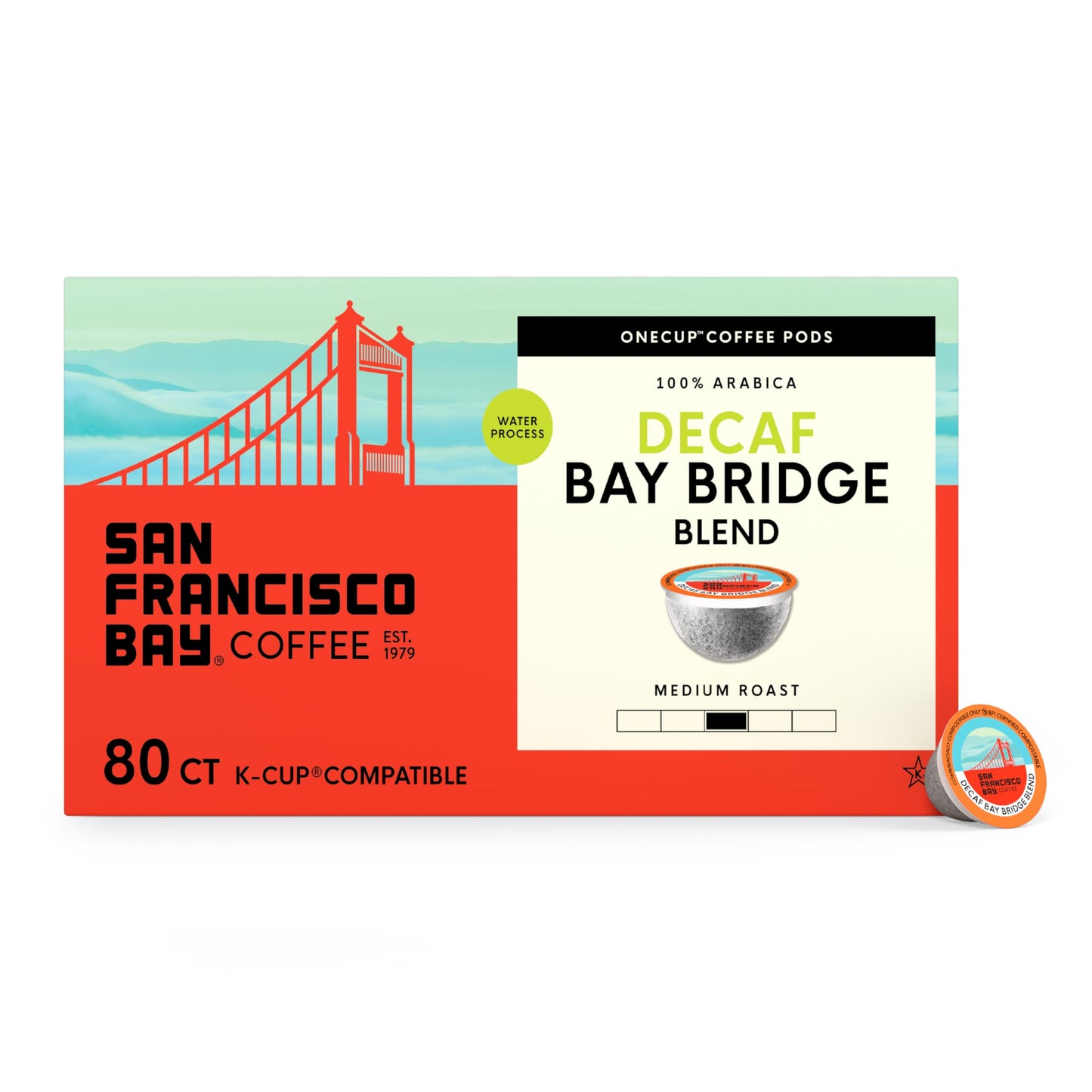 San Francisco Bay Decaf K-Cup Coffee Pods, Decaf Bay Bridge Blend (80 ct), Medium Roast, Commercially Compostable Single-Serve Coffee Pods, Swiss