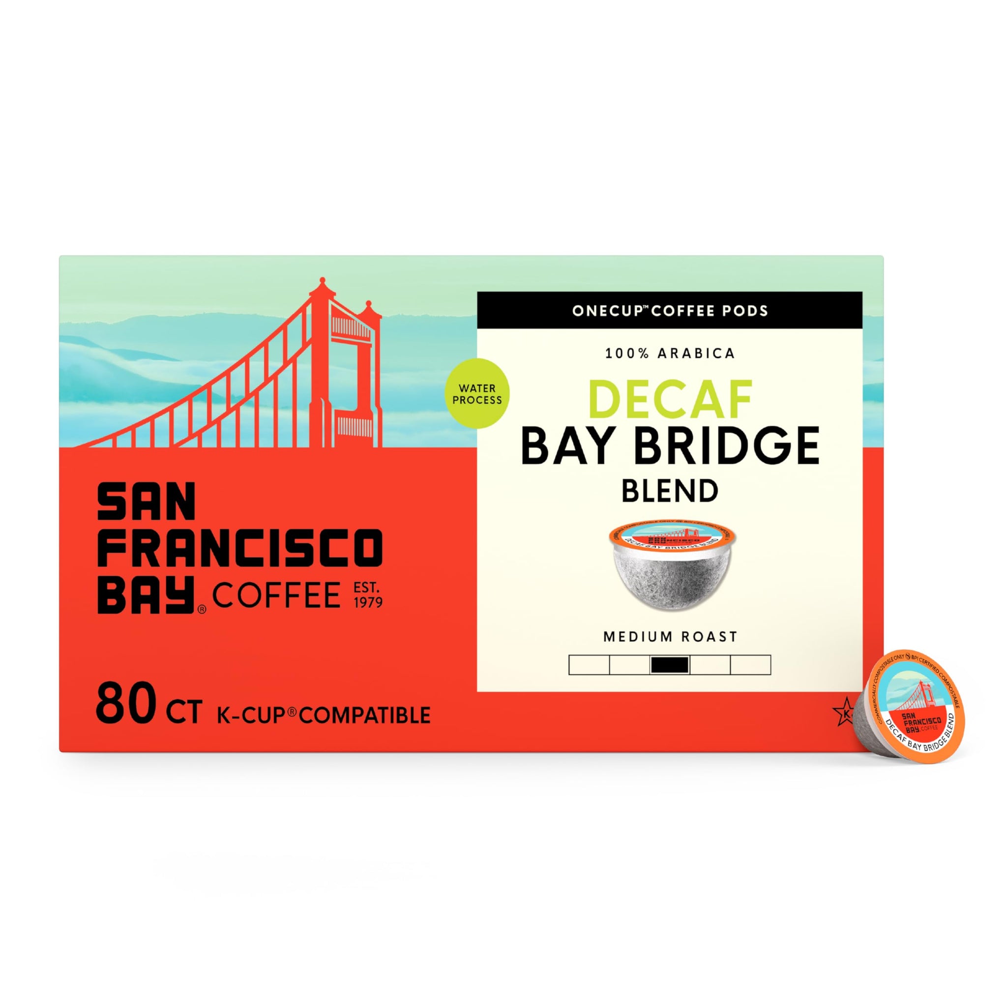 San Francisco Bay Decaf K-Cup Coffee Pods, Decaf Bay Bridge Blend (80 ct), Medium Roast, Commercially Compostable Single-Serve Coffee Pods, Swiss