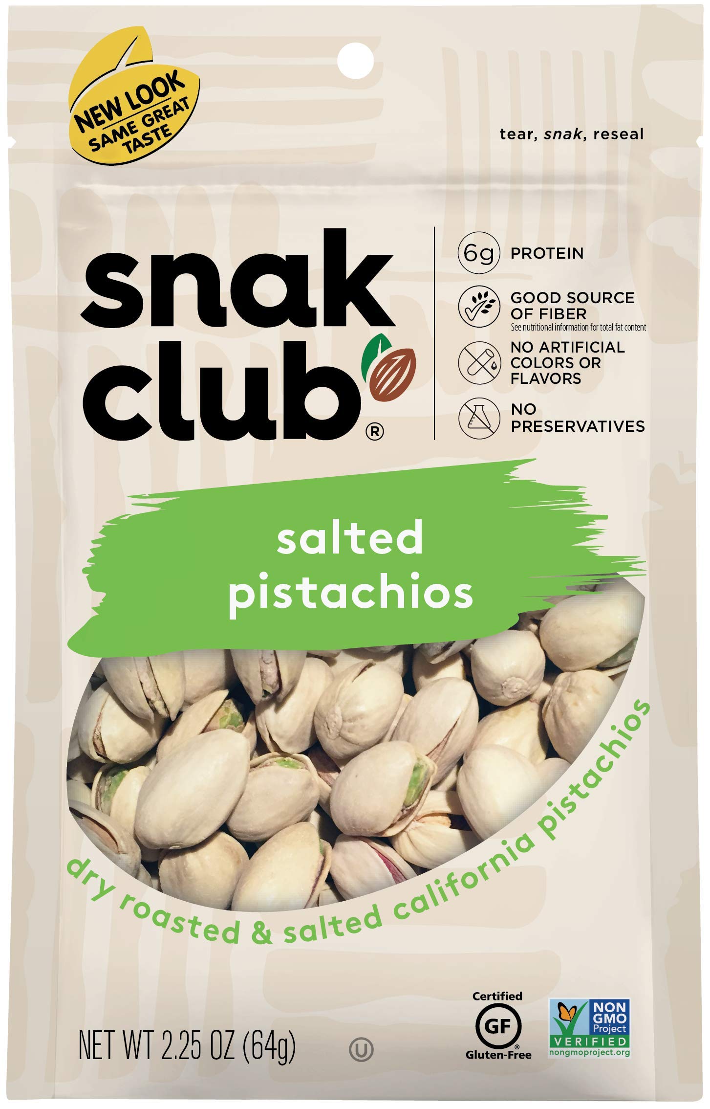 Snak Club All Natural Salted Pistachios, 2.25 Ounce (Pack of 6)