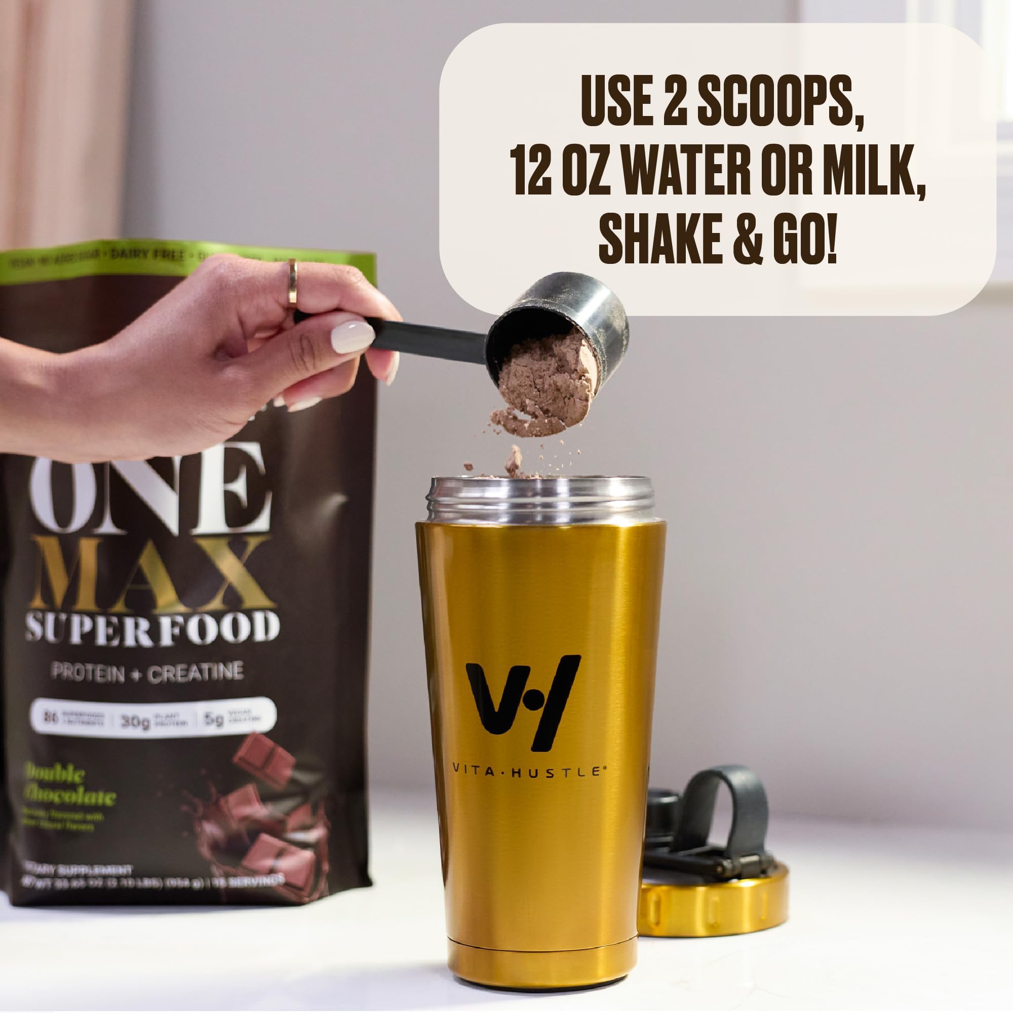 VitaHustle ONE Max 30g Protein + 5g Creatine, 30g Plant Protein Powder, All-in-One Meal Replacement Shake, Greens, Adaptogens, Ashwagandha, Probiotics