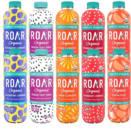 Roar Organic Beverages Variety Pack, 10-Pack (18oz Bottles) - Strawberry Lemonade, Dragon Fruit Punch, Mango Clementine, Blackberry Lemonade & Georgia