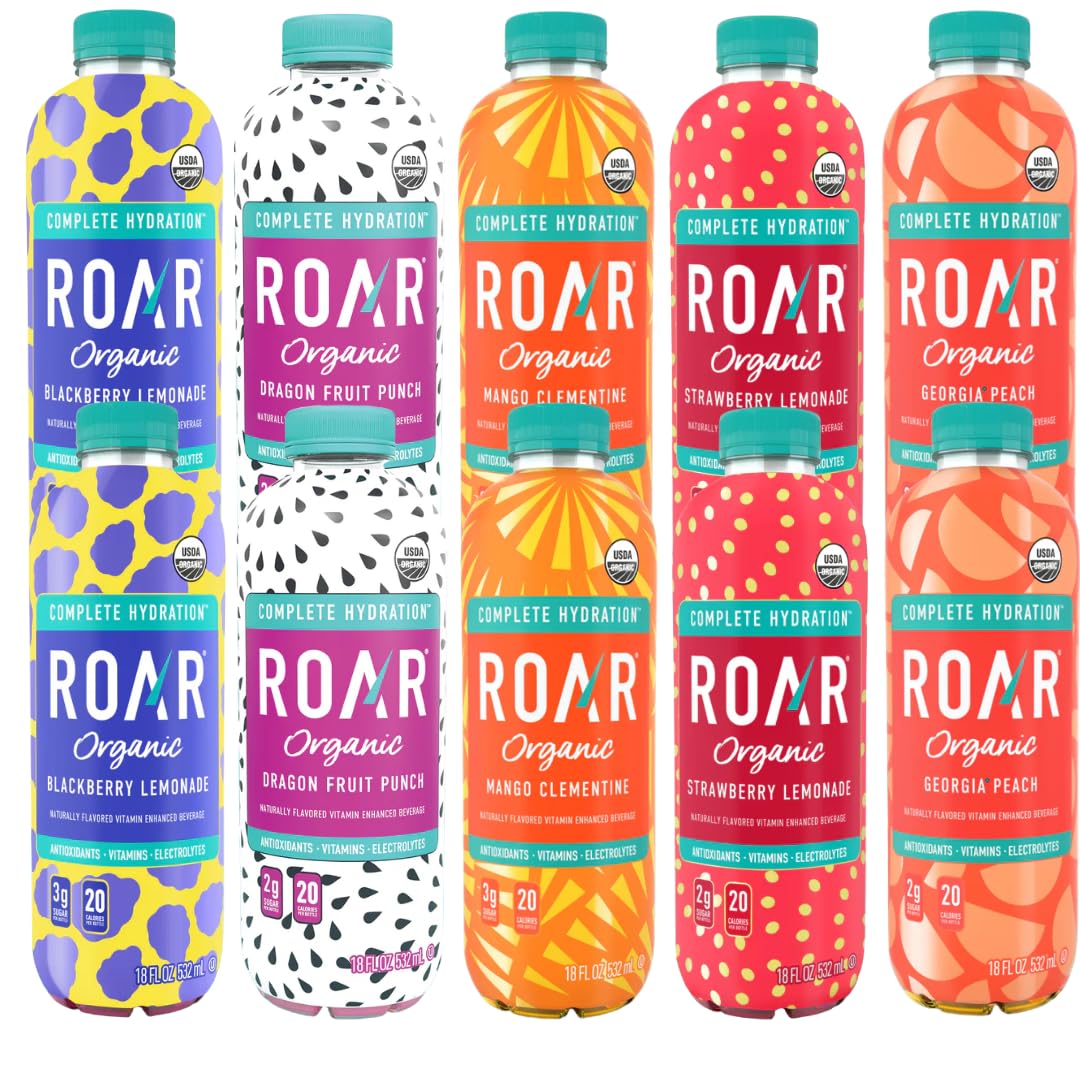 Roar Organic Beverages Variety Pack, 10-Pack (18oz Bottles) - Strawberry Lemonade, Dragon Fruit Punch, Mango Clementine, Blackberry Lemonade & Georgia