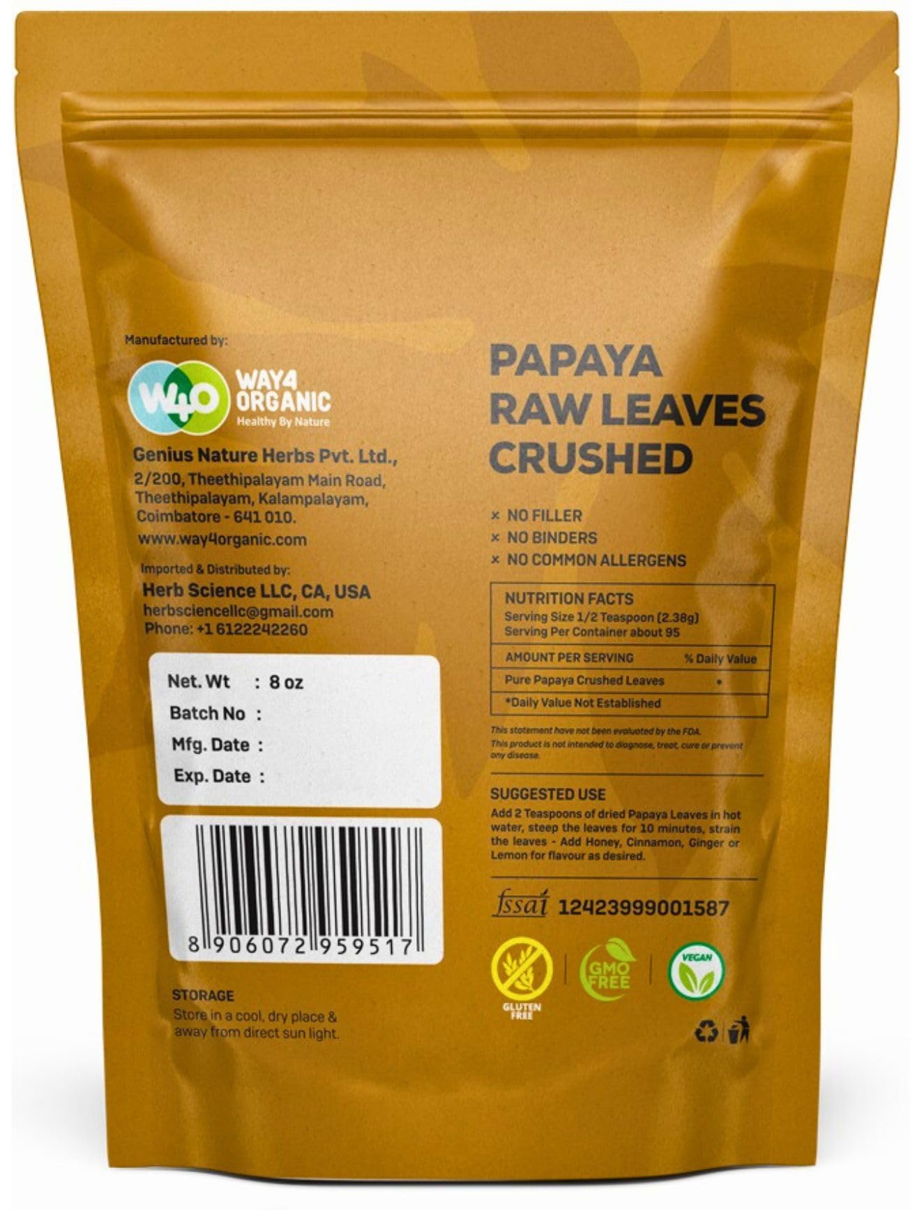 Papaya Leaf Tea 8 Oz, Dried from Fresh Green Leaves, Good to make Tea, 100% Loose Leaves(No Fruit, No Seeds) - Way4Organic (3 Pack(24 Oz))
