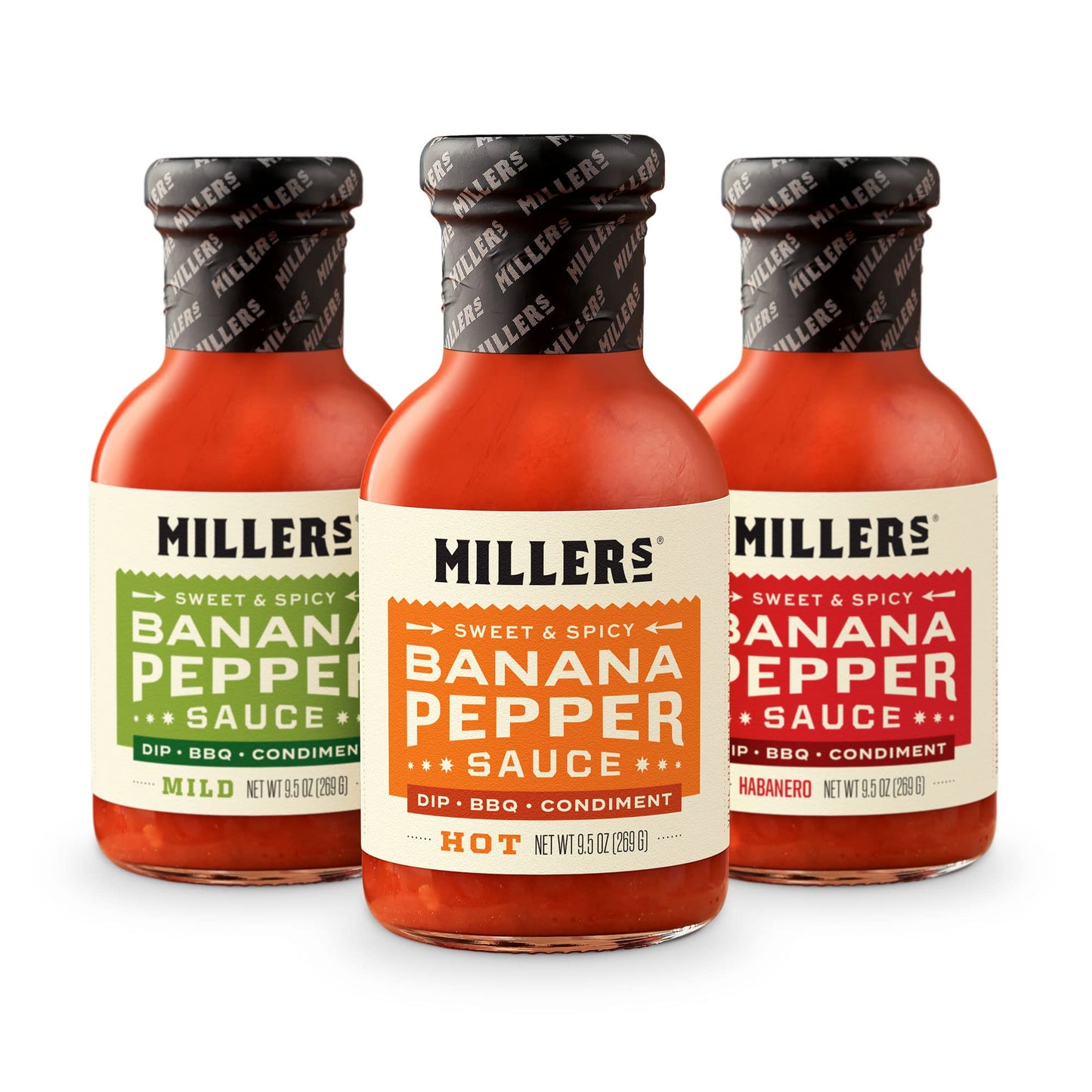 Miller's Banana Pepper Sauce Variety Pack - Includes Hot, Mild, Habanero Hot Sauce Set - Best Use for Chicken Wing, Burger, Sandwich, Mexican Dish
