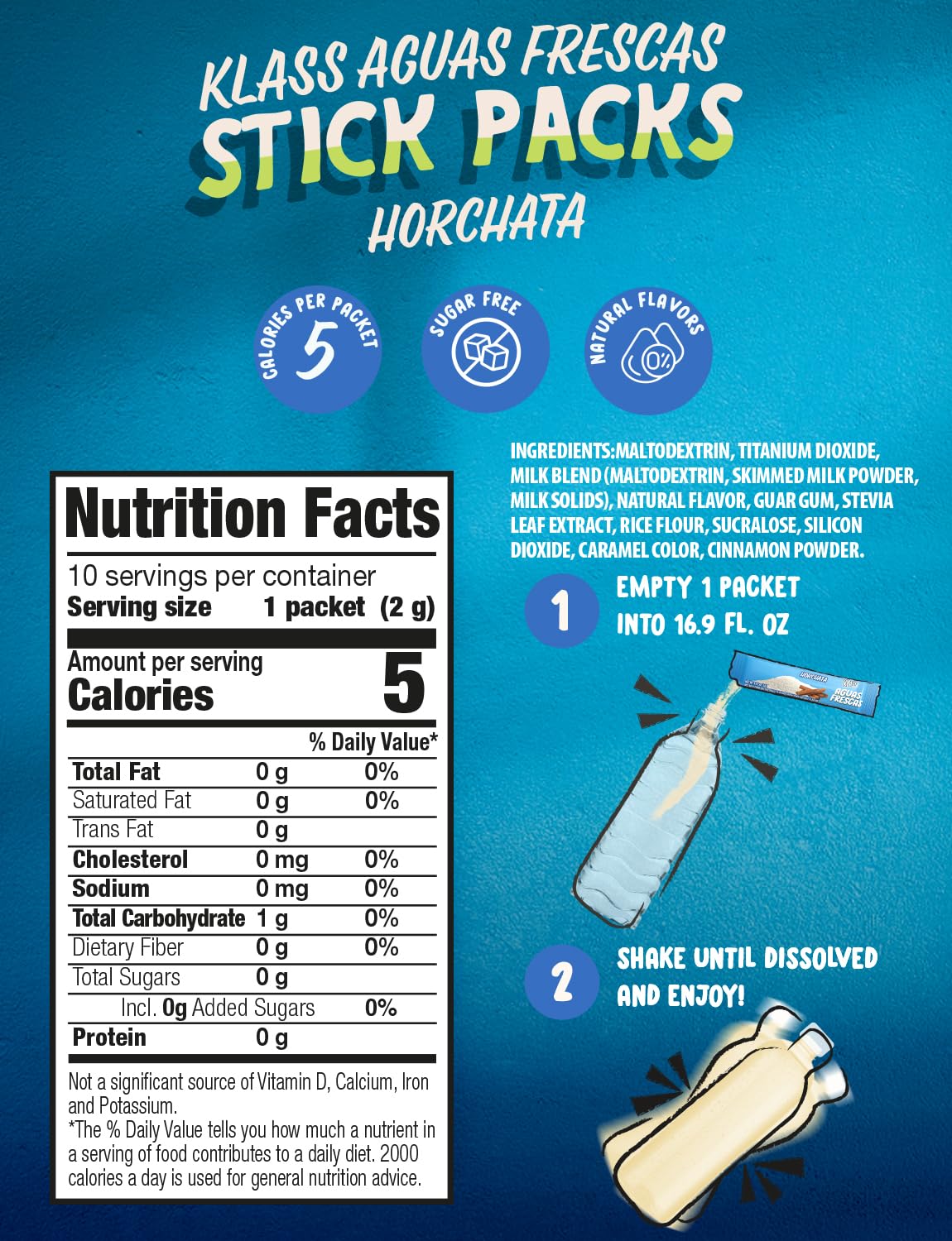 Klass Aguas Frescas, Powdered Drink Mix, 40 Singles Zero Sugar & Caffeine-Free Powder Packets, Water Drink Mix, Flavor: Horchata - 5 Calories Per