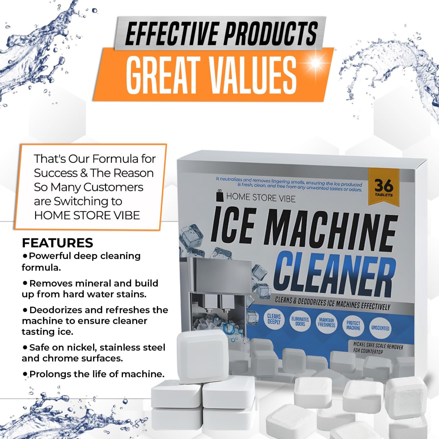 Home Store Vibe 36 Pcs Ice Maker Cleaner Tablets - Descaler & Cleaning Solution for Ice Machines - Removes Odors & Build-up - Compatible