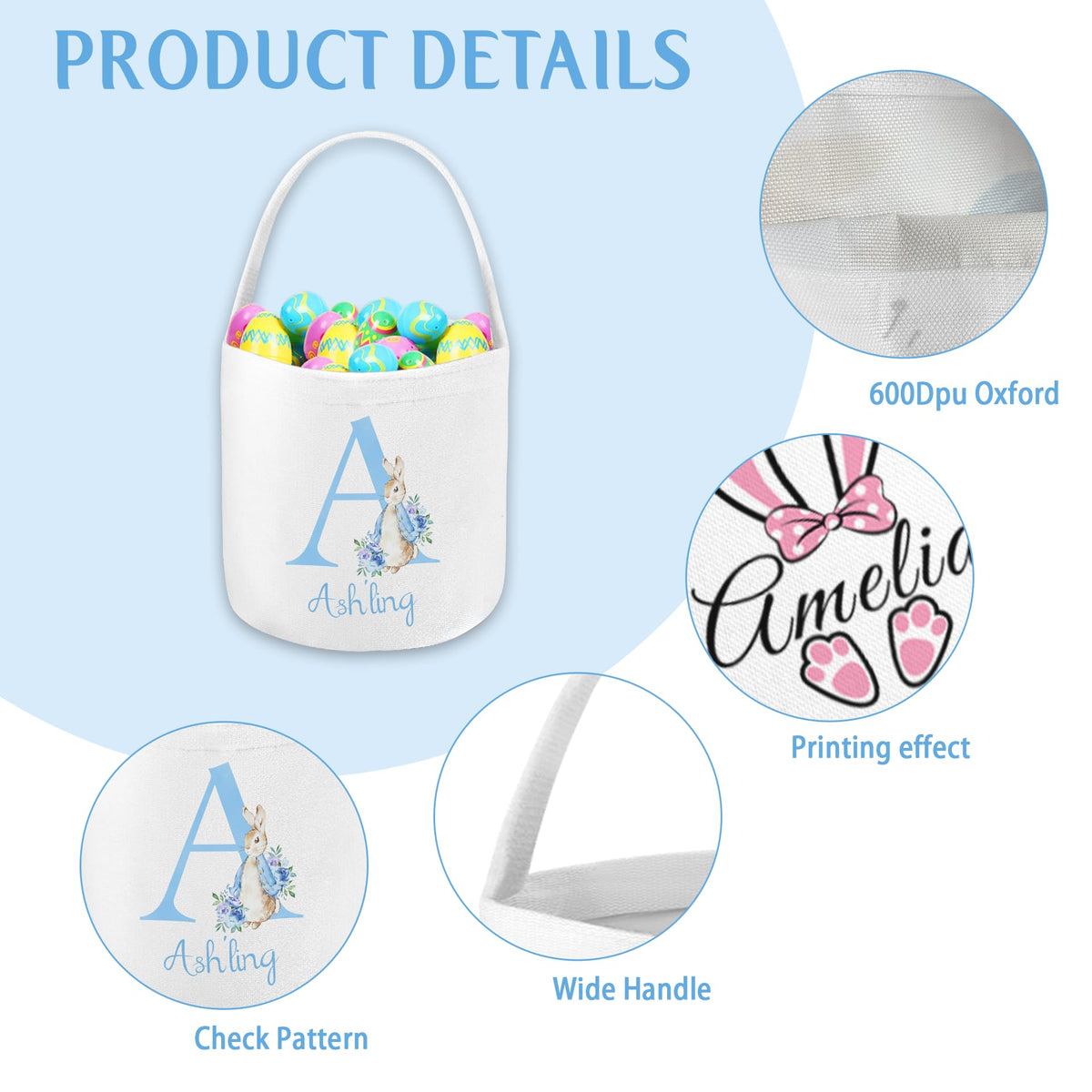 Custom Easter Basket with Name Personalized Printed Easter Baskets Customized Bunny Easter Basket Great Easter Gifts for Kids Girls Boys (Color04)