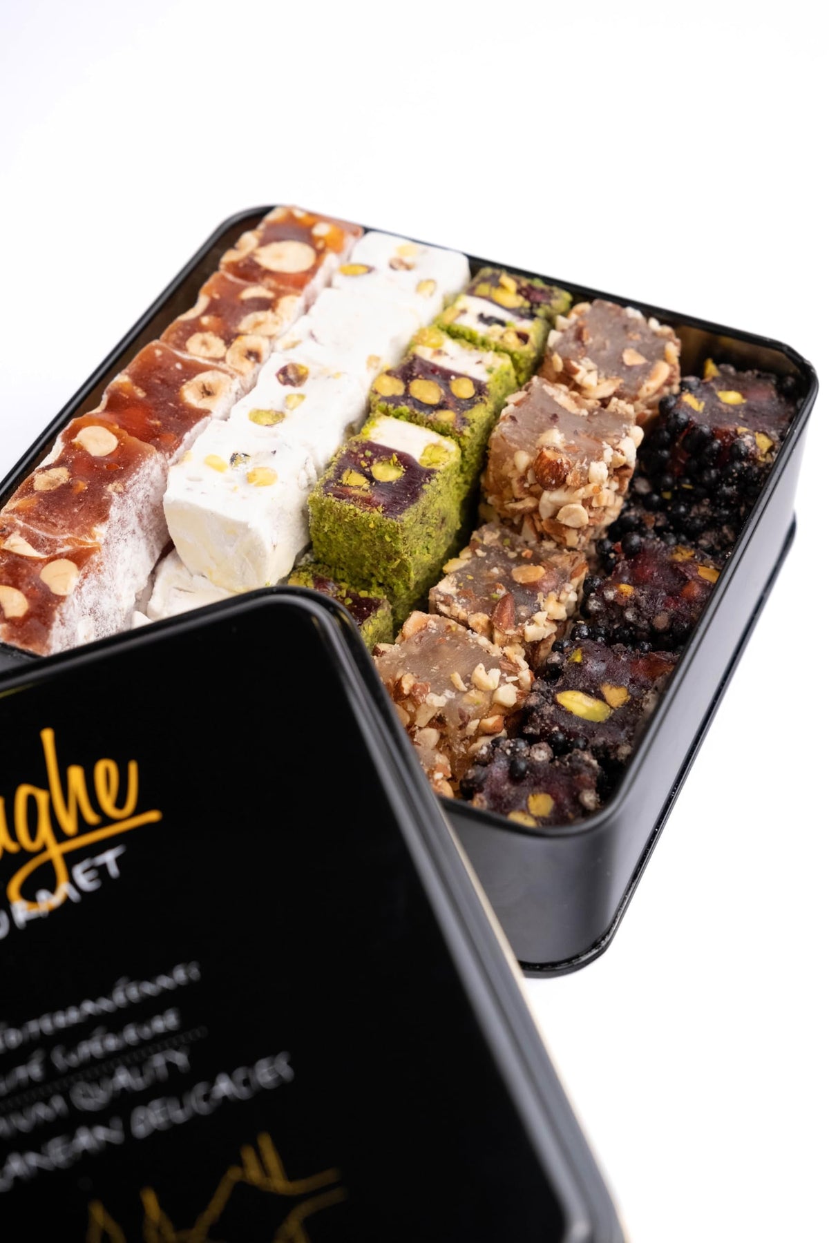 Mughe Gourmet Luxury Sultan Pistachio Turkish Delight Candy Elegant Gift Tin Box - Lokum Delights Orange, Hazelnut, Almonds - 2.2lb/1000g/54pc