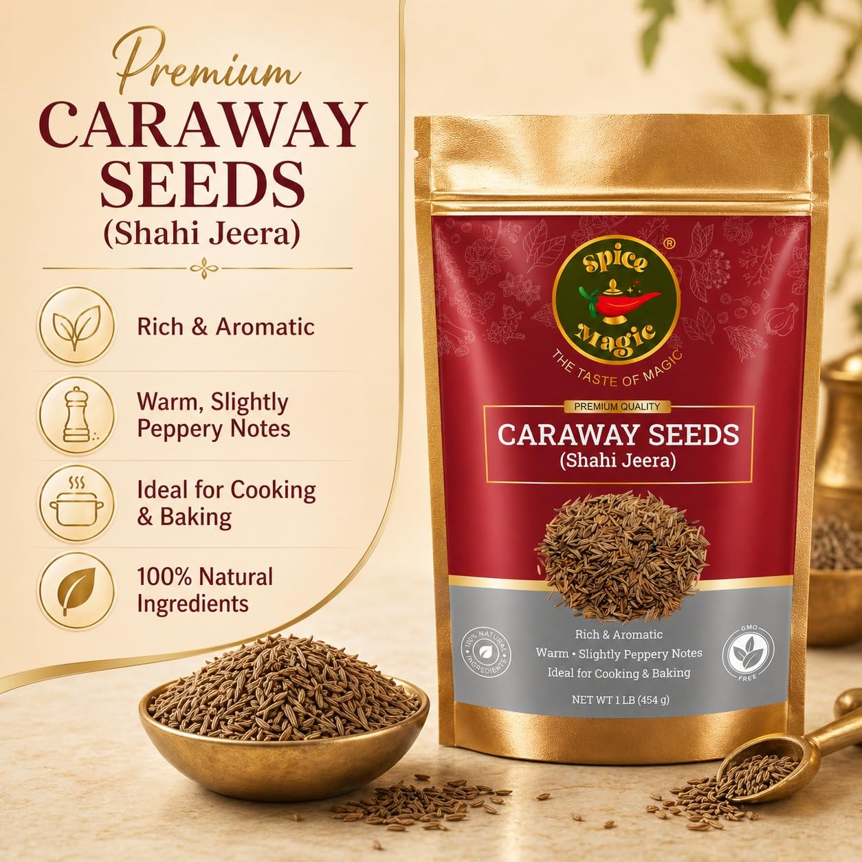 Spice Magic Caraway Seeds 1 lb (454 g) | 100% Natural, Non-GMO, Vegan | Fresh & Aromatic Spice for Pickles, Sauces, Rye Bread Baking, Cooking