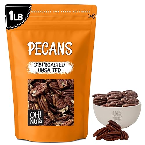 Oh! Nuts Pecans Dry Roasted Unsalted - Kosher, Oil-Free, All Natural Pecans - For Baking, Snacks, Salad, Dressing - Packed in 1 LB Resealable Bulk Bag