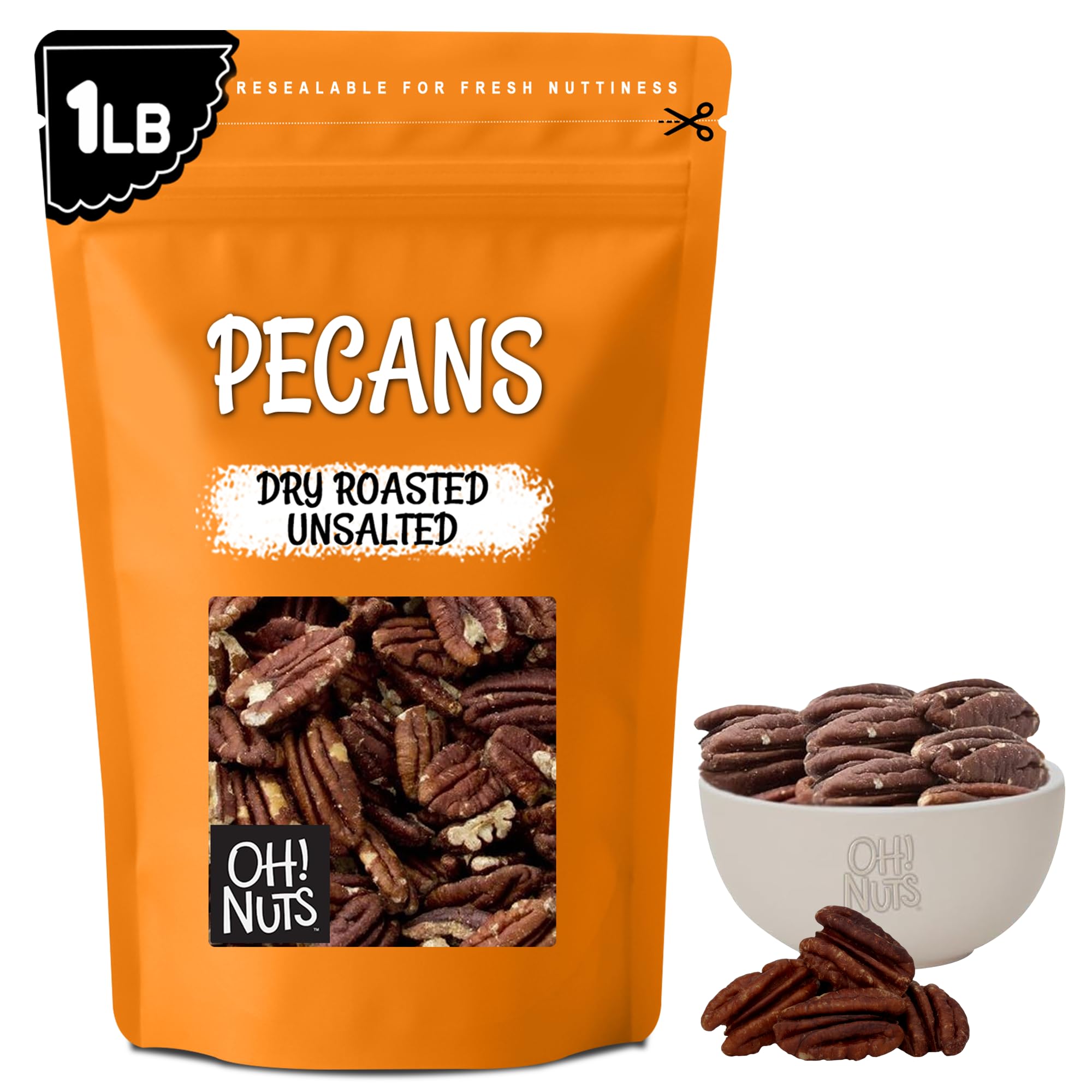 Oh! Nuts Pecans Dry Roasted Unsalted - Kosher, Oil-Free, All Natural Pecans - For Baking, Snacks, Salad, Dressing - Packed in 1 LB Resealable Bulk Bag