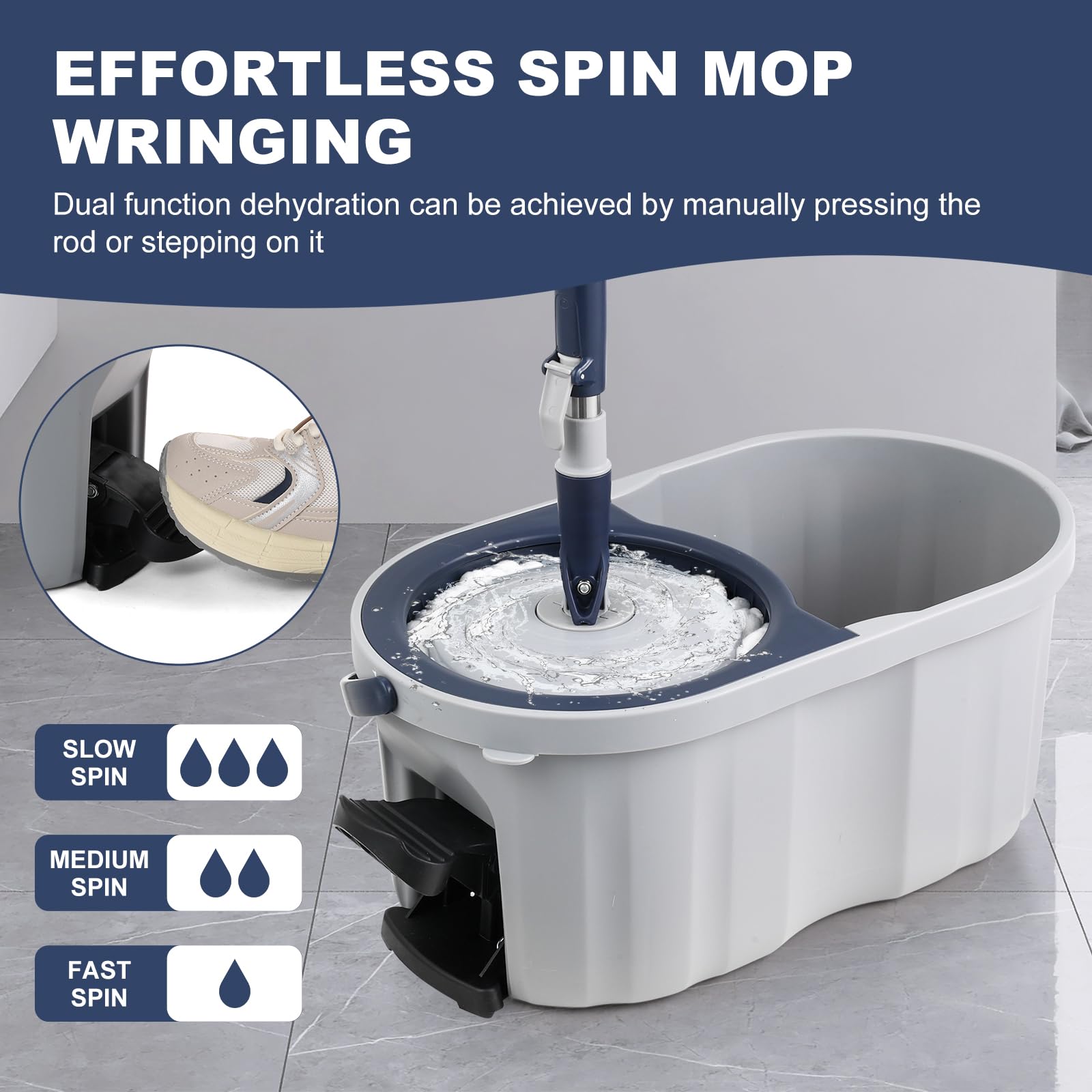 Spin Mop and Bucket System with180-Degree Rotating Head Telescopic Handle Dual Chamber Bucket Floor Cleaning Set with 3 Mop Refills Dual-Function