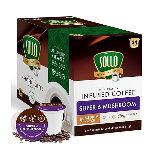 Sollo Infused Super 6 Mushroom Blend, Coffee Pods - 100% Arabica Medium Roast with 6 Functional Mushrooms & B-Vitamins - Lion’s Mane, Chaga, Reishi