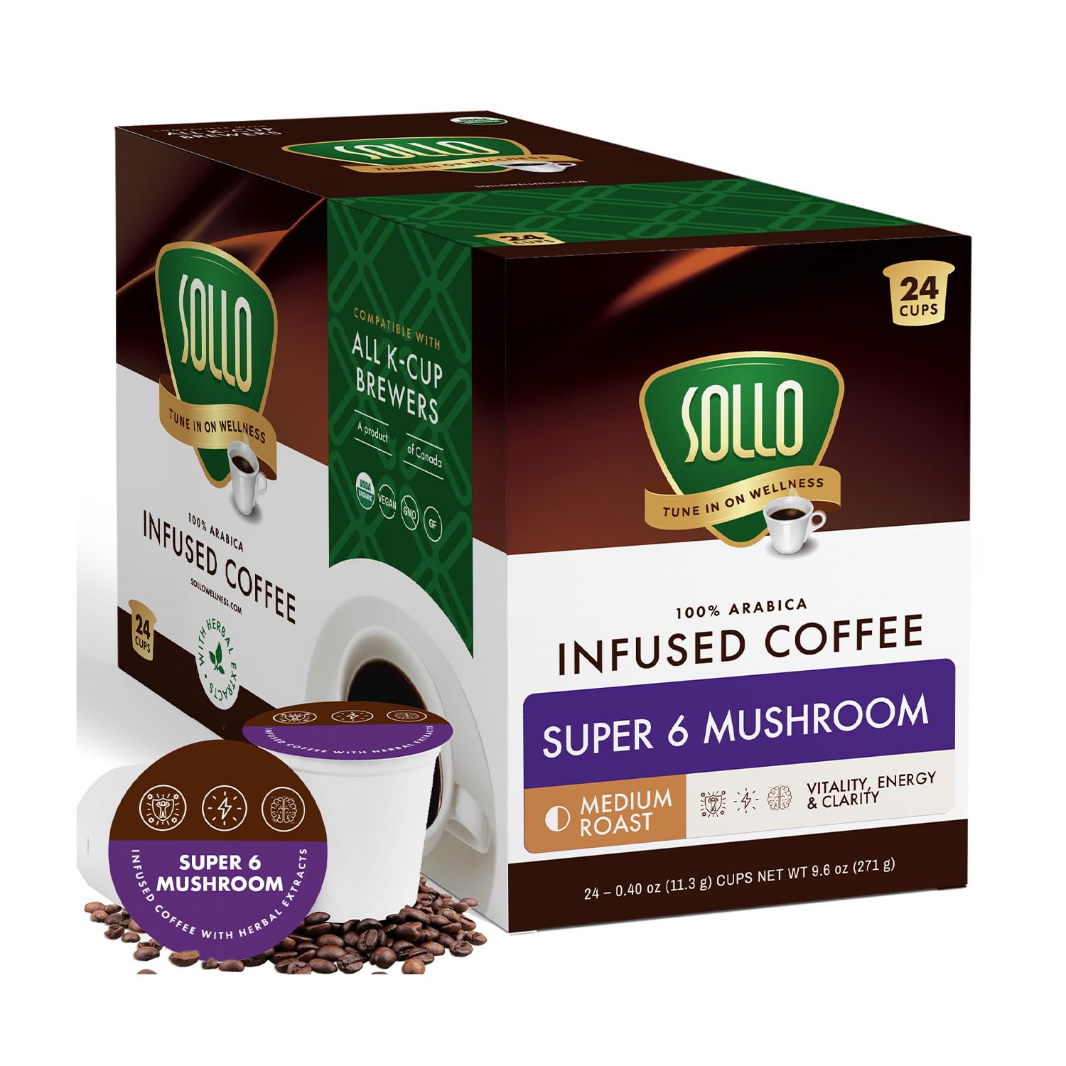 Sollo Infused Super 6 Mushroom Blend, Coffee Pods - 100% Arabica Medium Roast with 6 Functional Mushrooms & B-Vitamins - Lion’s Mane, Chaga, Reishi
