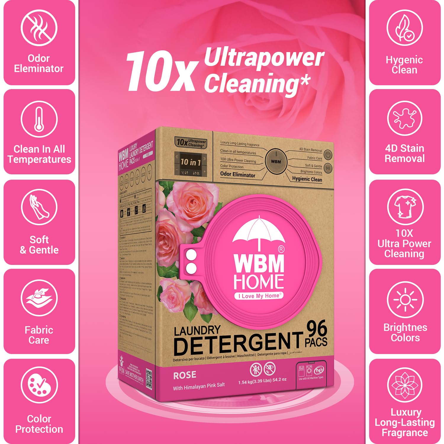 WBM Home 10-in-1 Laundry Pods, Total 96 Count, Ultra Concentrate with Powerful Stain Lifter Technology, Fabric Softener With Rose Extracts, Detergent