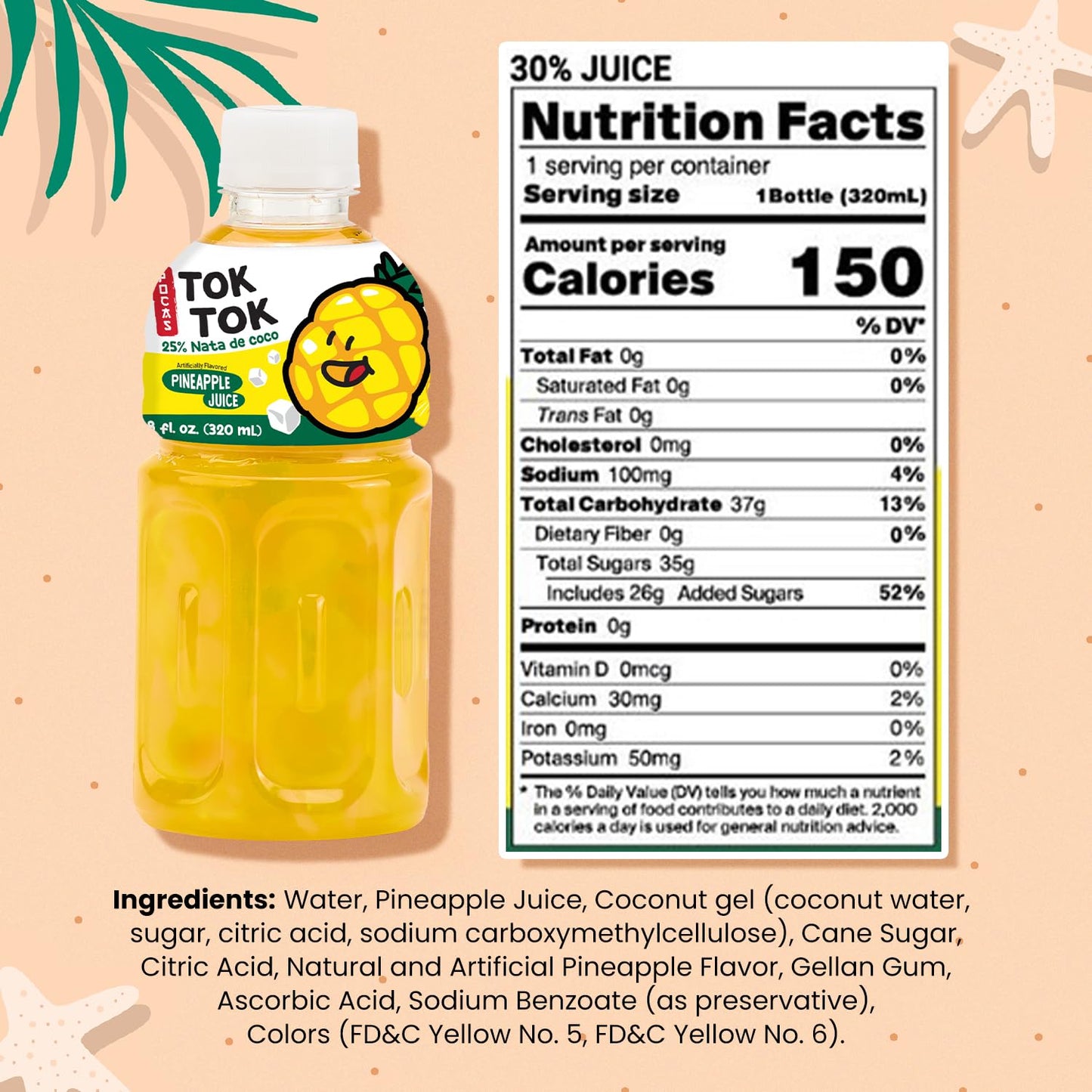 Pocas Toktok Pineapple Juice 12-Pack - Made with Real Fruit & Chewy Nata De Coco, 8 Oz Each
