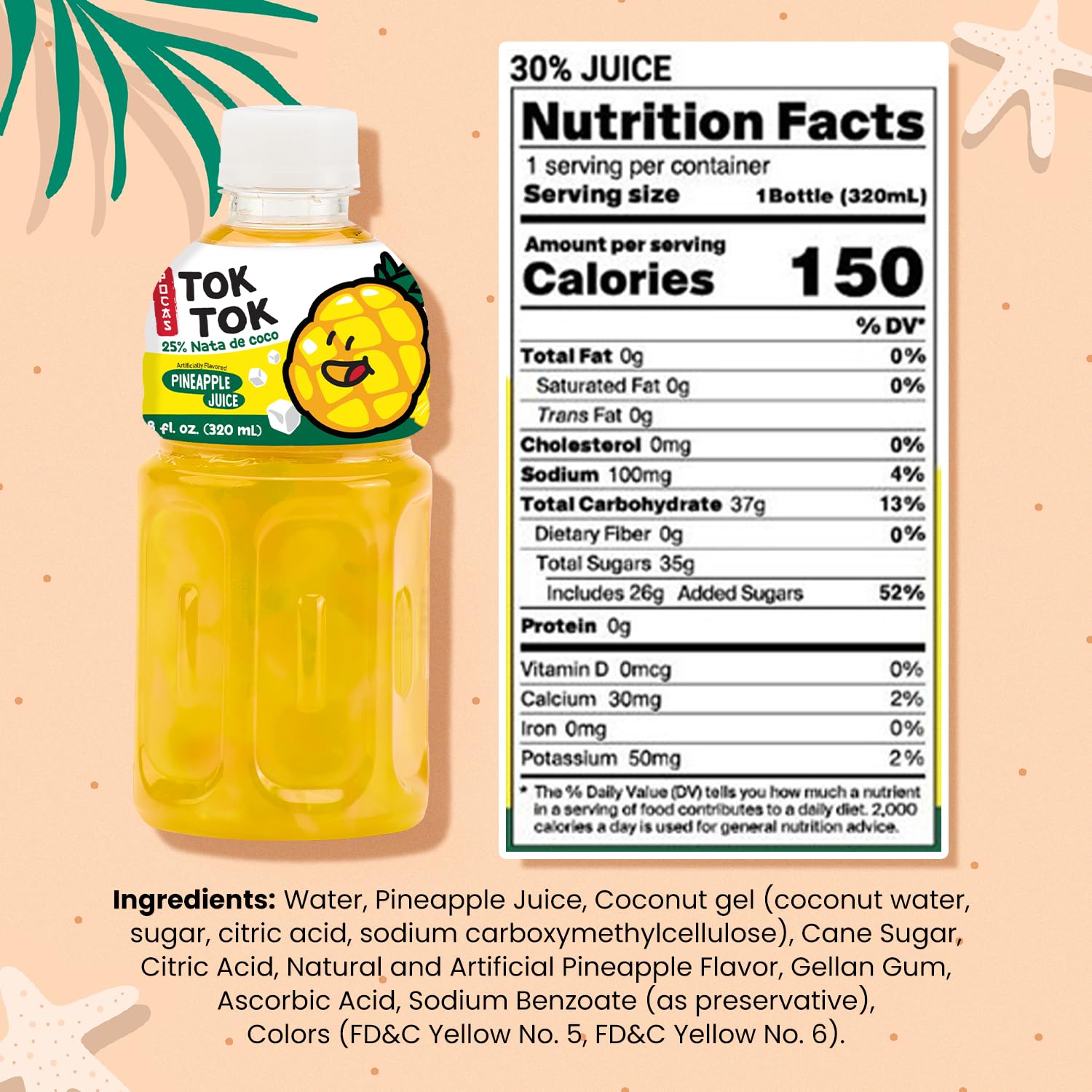 Pocas Toktok Pineapple Juice 12-Pack - Made with Real Fruit & Chewy Nata De Coco, 8 Oz Each
