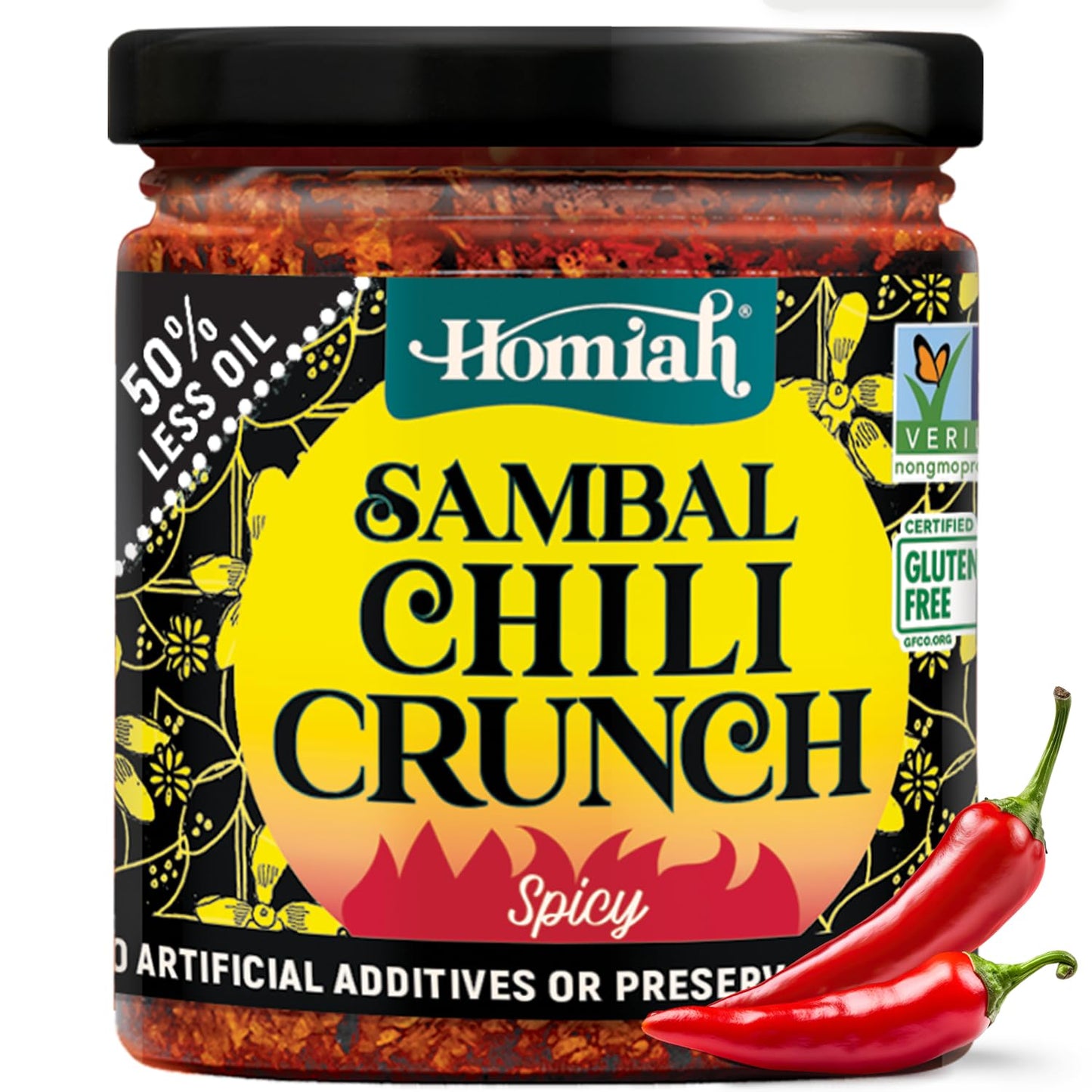 Homiah Sambal Chili Crunch, 6oz - Less Oil Low Sodium Gluten Free, Sambal Oelek Chili Paste, Crispy Hot Crunch Topping - Spicy