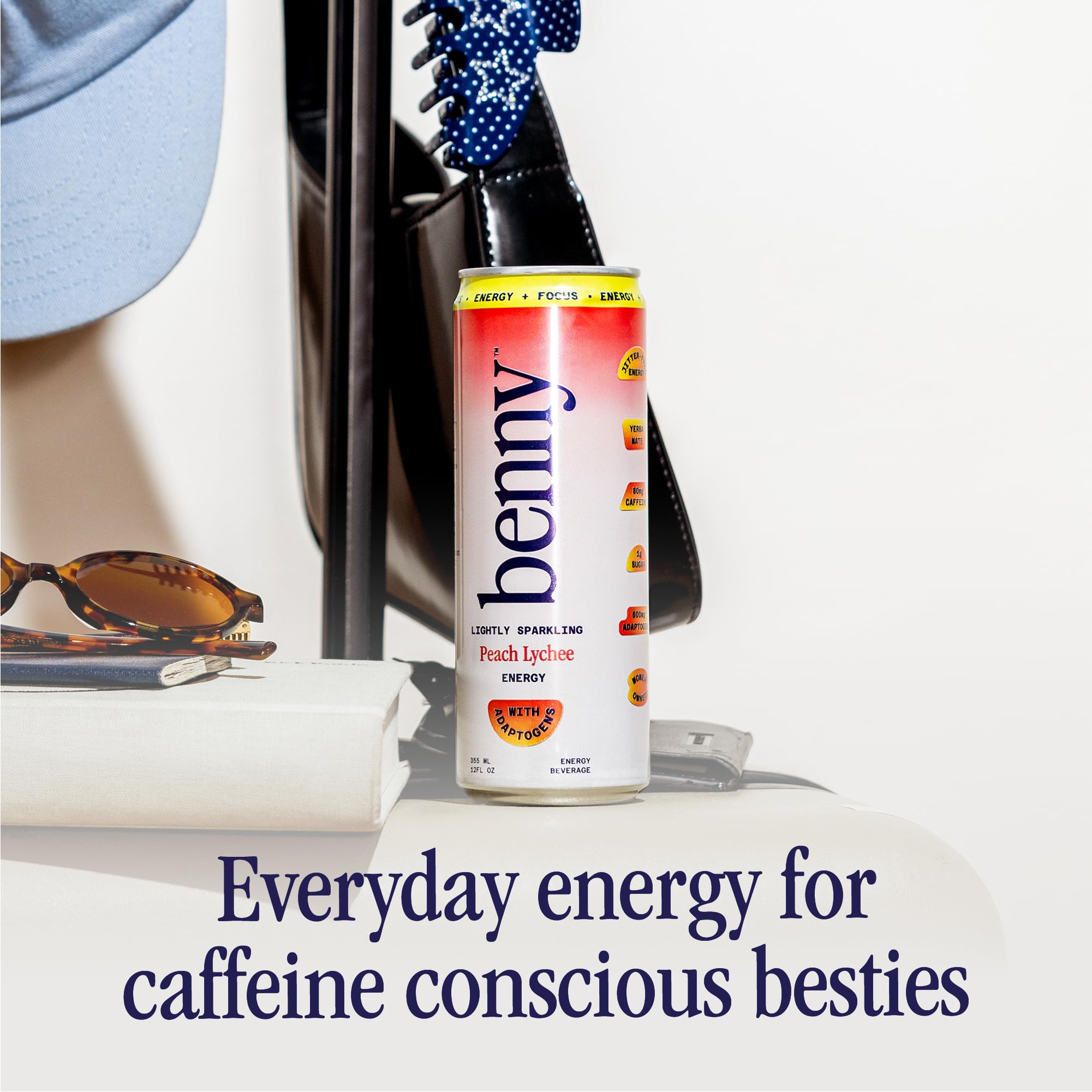 Benny Peach Lychee Sparkling Clean Energy Drink | 80mg Natural Caffeine Yerba Mate | Lion's Mane & Ginseng | 1g Sugar, 5 Calories | No Artificial
