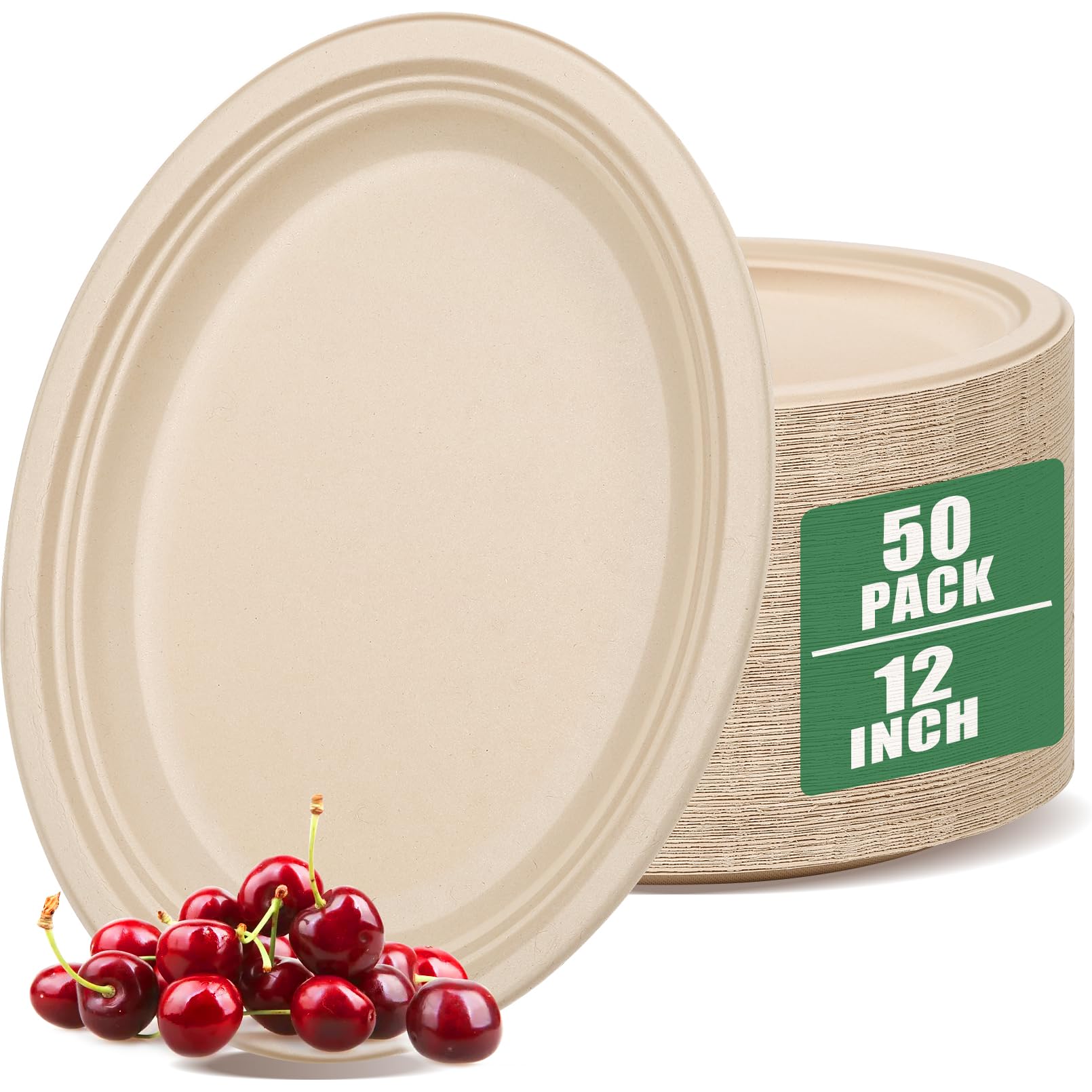 IJRPLM 50 Pack Oval Paper Plates, 12 Inch Disposable Paper Plates Heavy Duty,Compostable Oval Plate, Natural Bagasse Sugarcane Plate for BBQ Party