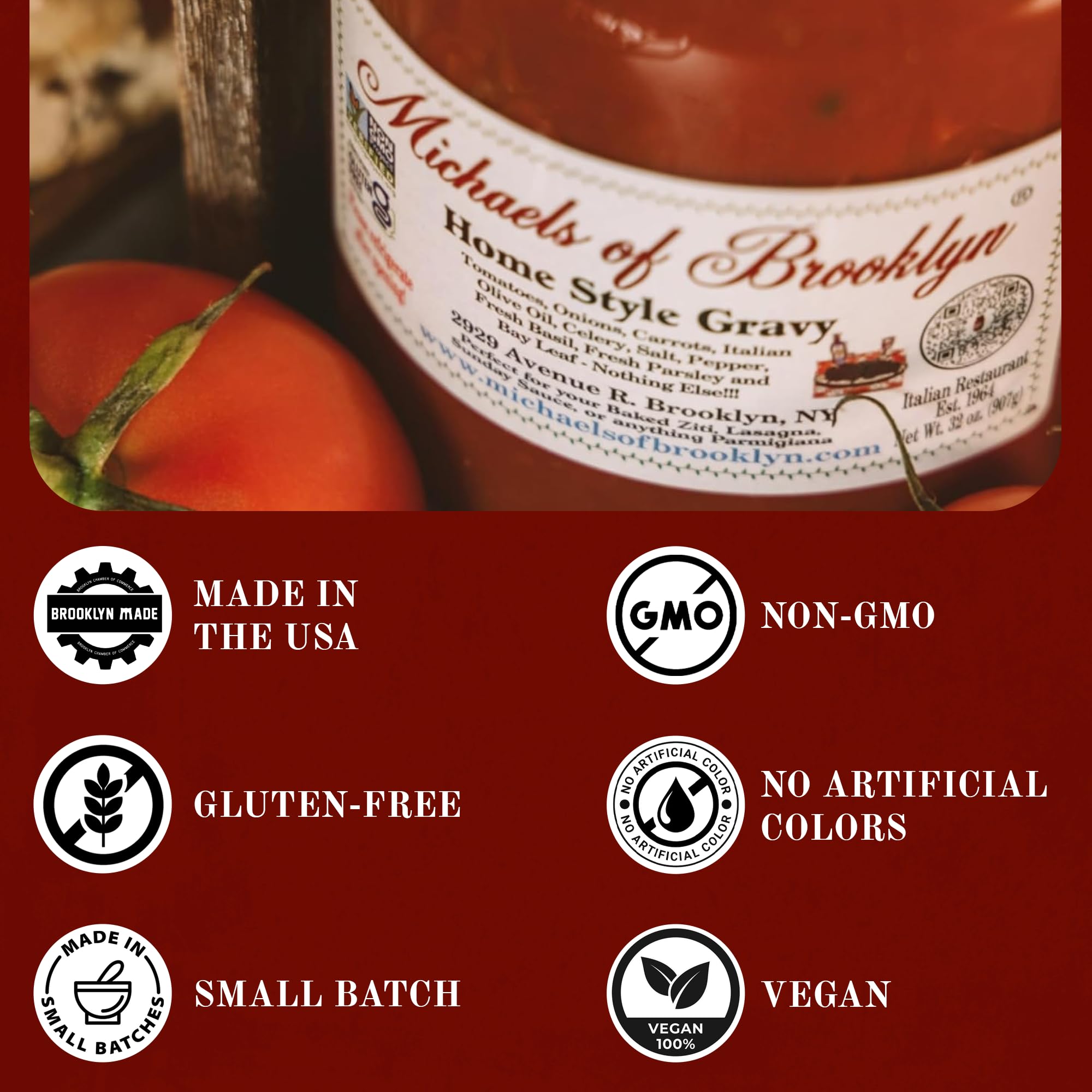 Michaels of Brooklyn Home Style Gravy, 32 oz with Spoon - Pasta Sauce Jar with Imported Italian Tomatoes, Fresh Basil & Parsley - Non-GMO, Certified