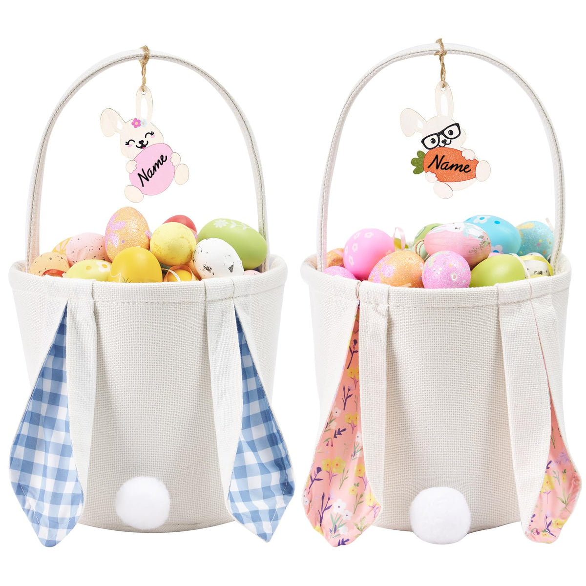 Easter Baskets Set of 2 With Wooden Tag Bunny Egg Basket Gingham Bucket Candy with Handle Tote Reusable Goody Baskets Gifts Bags