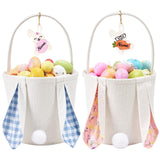 Easter Baskets Set of 2 With Wooden Tag Bunny Egg Basket Gingham Bucket Candy with Handle Tote Reusable Goody Baskets Gifts Bags