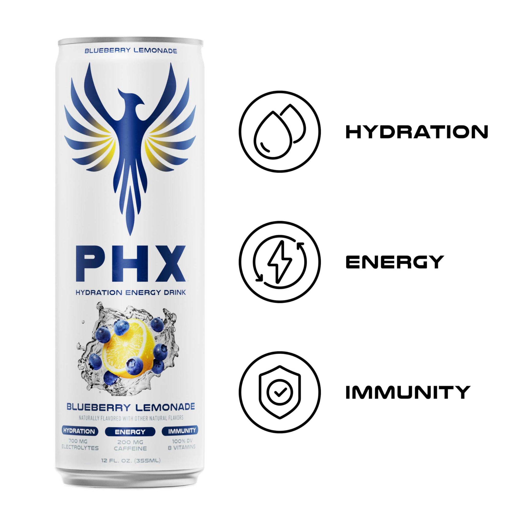 PHX Hydration Energy Drink - 700mg Electrolytes, 200mg Natural Green Tea Caffeine, 100% Daily Value 8 Essential Vitamins - 12 oz Cans (12 Pack) (12