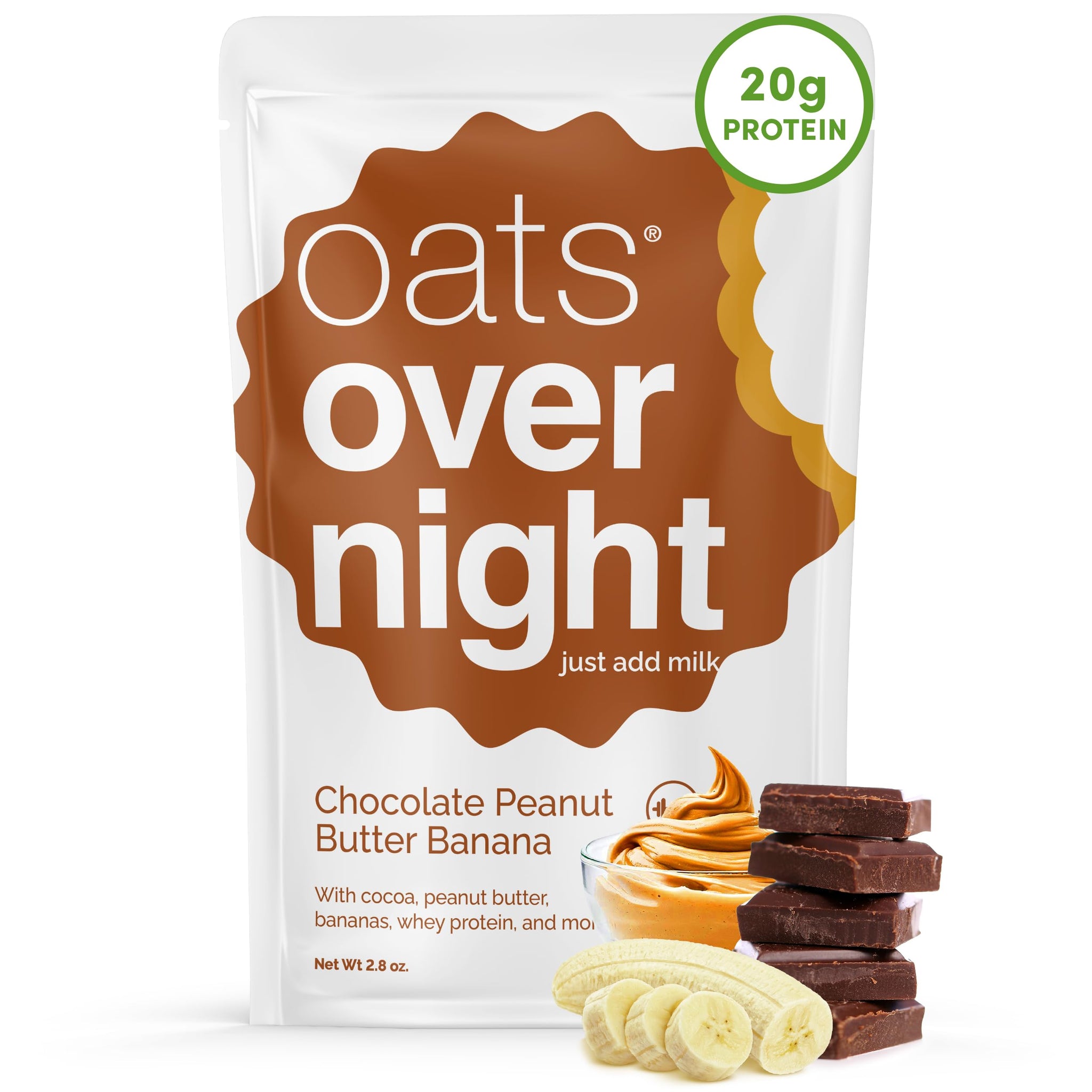 Oats Overnight Chocolate Peanut Butter Banana - Overnight Oats with 20g Protein, High Fiber Breakfast Protein Shake - Gluten Free Oatmeal, Non GMO
