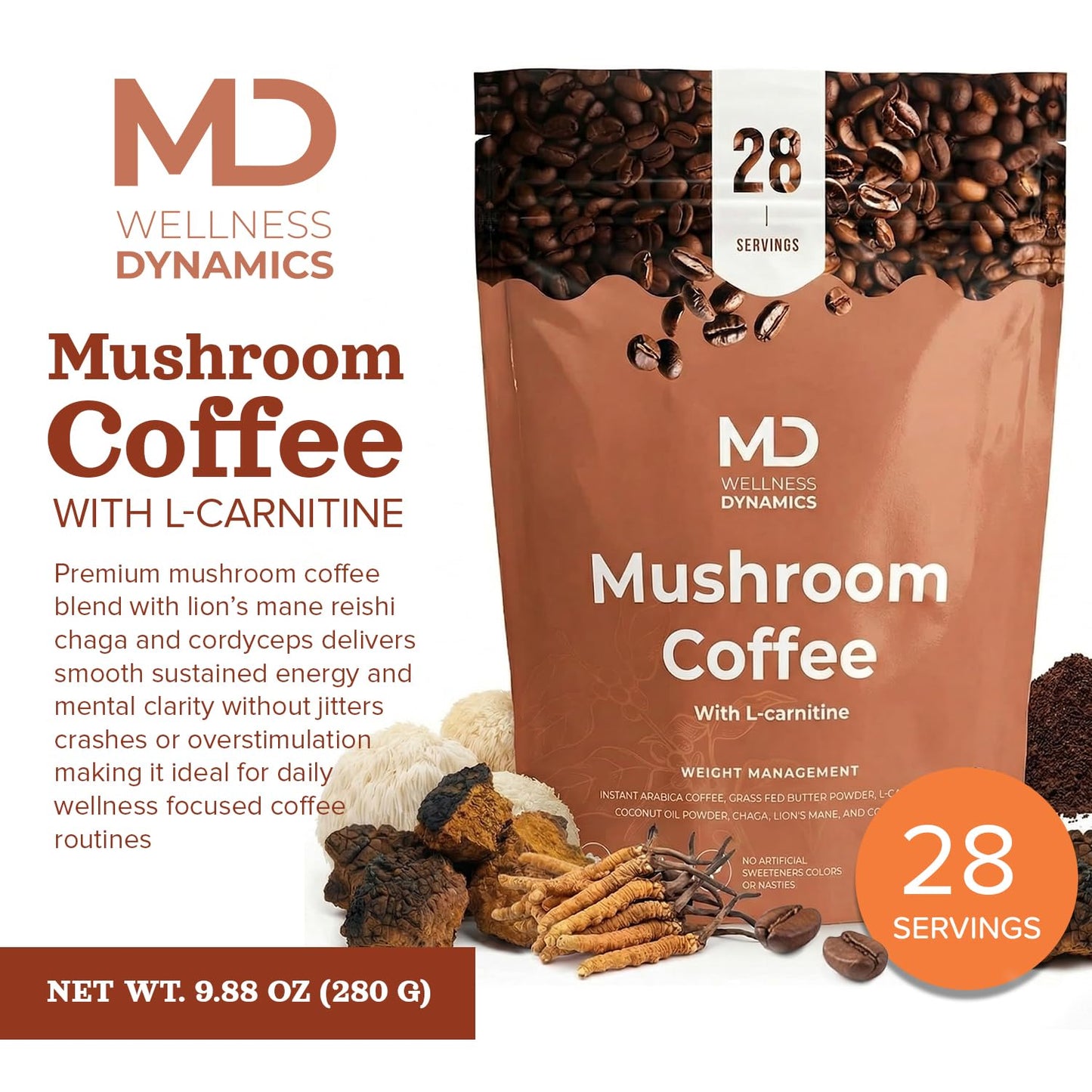 md wellness dynamics Mushroom Coffee with L Carnitine, Coconut Oil, & Grass Feed Butter - Lion’s Mane Reishi Chaga Cordyceps Smooth Energy Metabolism