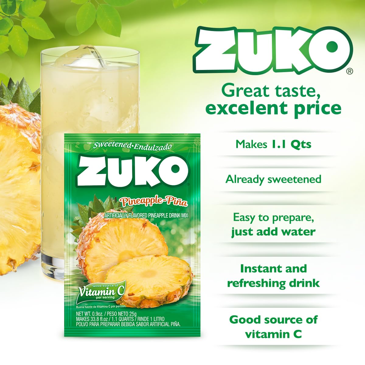 Zuko Instant Beverage Drink Mix, Flavor Pineapple Powdered, No Added Sugar Needed, 48 Ct Individual Packets