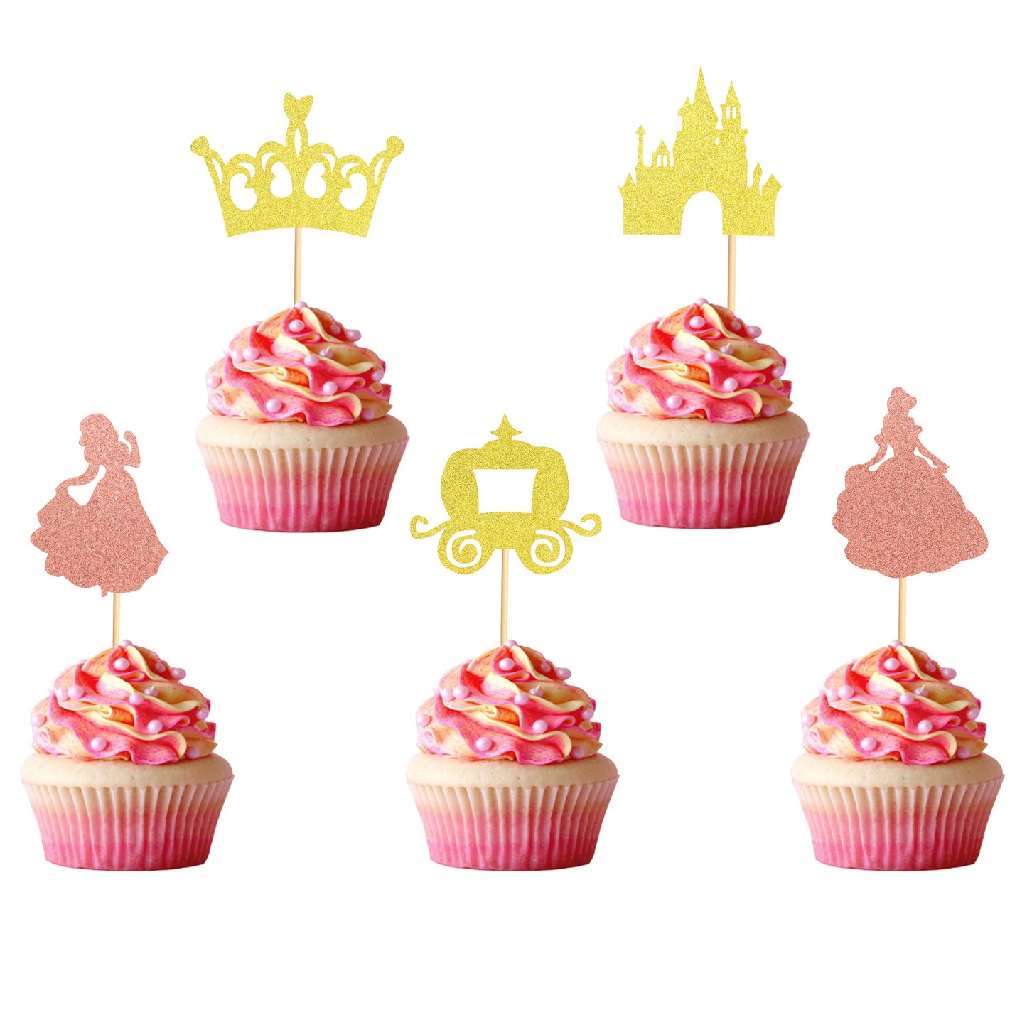 Arthsdite Pack of 40 Pre-Assembled Princess Cupcake Toppers Crown Castle Girl Cupcake Toppers Birthday Fruits Picks for Princess Theme Party