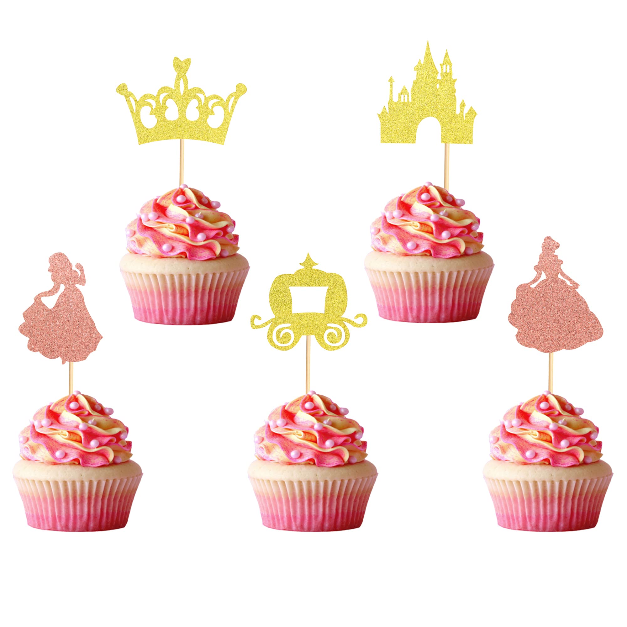 Arthsdite Pack of 40 Pre-Assembled Princess Cupcake Toppers Crown Castle Girl Cupcake Toppers Birthday Fruits Picks for Princess Theme Party
