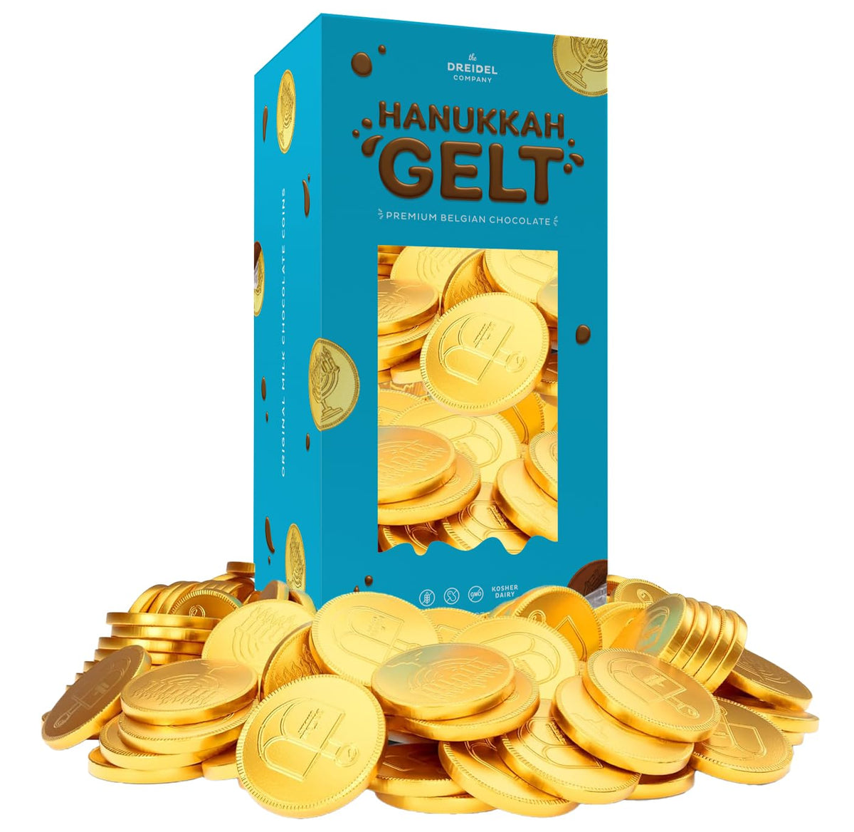 The Dreidel Company 2-Pounds Hanukkah Coins, With Menorah And Dreidel Designs Nut-Free, Made With Premium Belgian Ingredients, Kosher Certified OU-D
