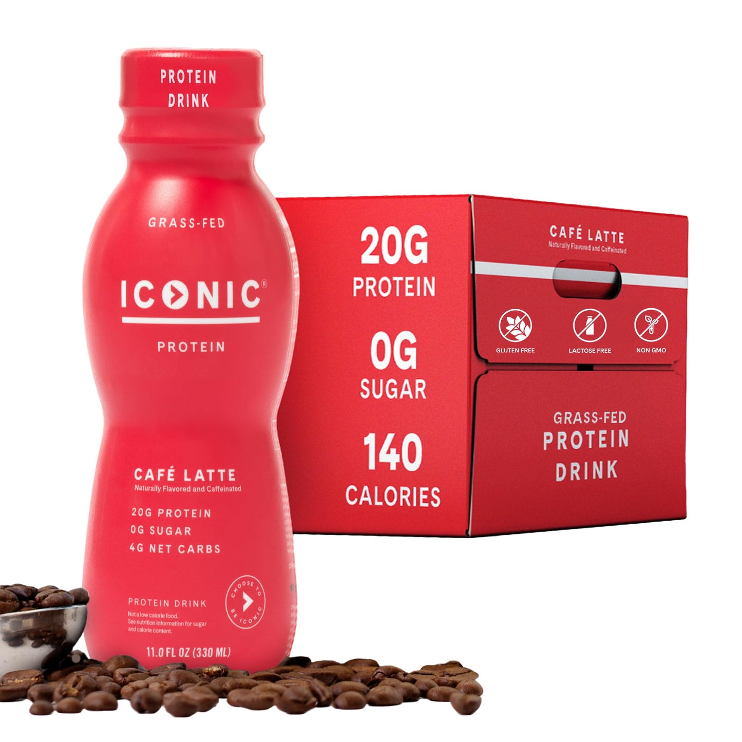 Iconic Protein Drinks, Café Latte (12 Pack) - Sugar Free & Low Carb - 20g Protein + 100mg Caffeine - Lactose Free, Gluten Free - Keto Friendly Protein